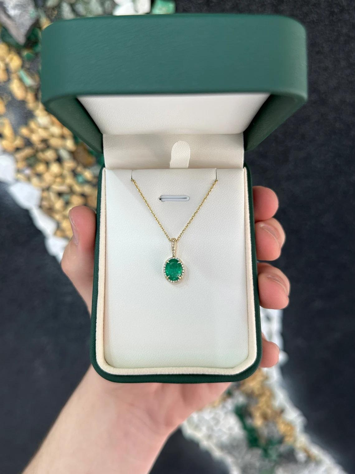 1.93tcw 14K Rich Dark Green Oval Cut Emerald & Diamond Halo Prong/Pave Pendant For Sale 1