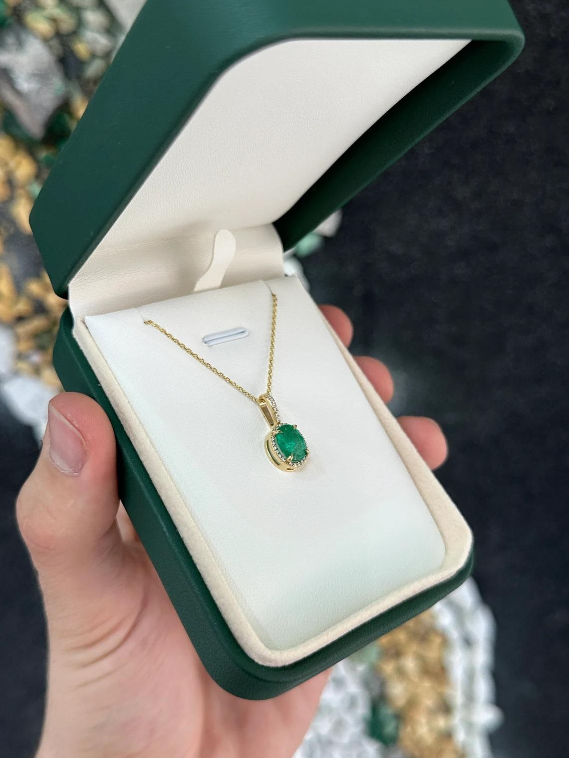 1.93tcw 14K Rich Dark Green Oval Cut Emerald & Diamond Halo Prong/Pave Pendant For Sale 2