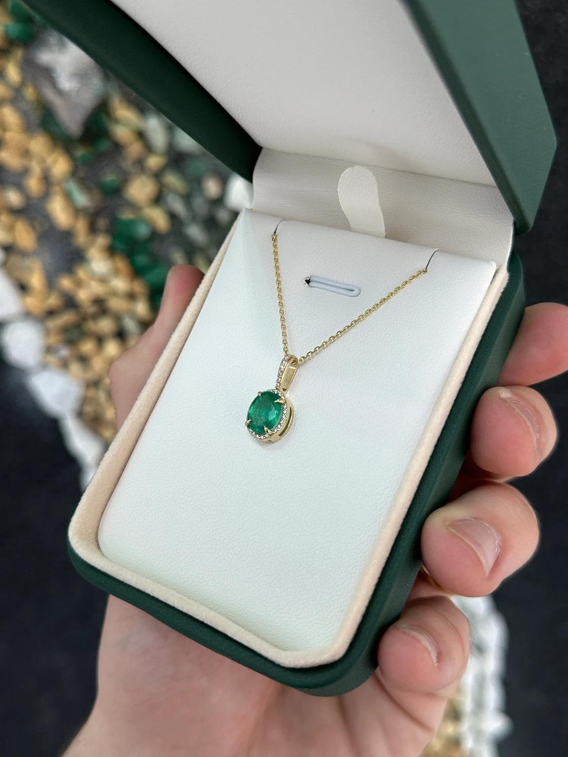 1.93tcw 14K Rich Dark Green Oval Cut Emerald & Diamond Halo Prong/Pave Pendant For Sale 3