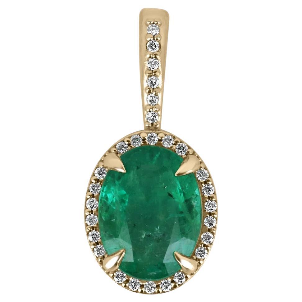1.93tcw 14K Rich Dark Green Oval Cut Emerald & Diamond Halo Prong/Pave Pendant