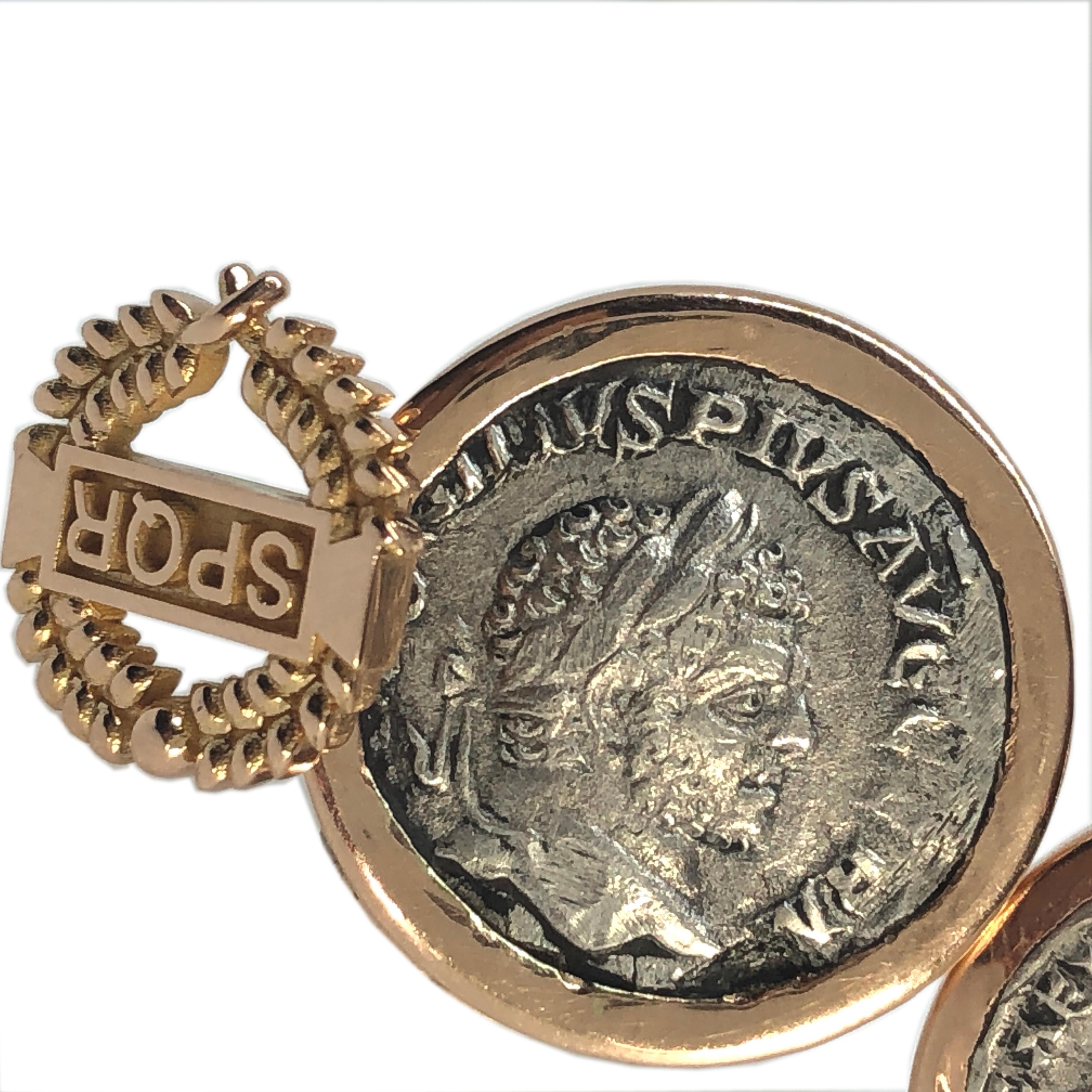 Original and One-of-a-kind 194 and 215 A.D. Roman Silver Coin featuring Emperors Septimius Severus and his Son Caracalla, SPQR, Senatus Populusque Romanus (the symbol of Roman Power) Back in an 18Kt Yellow Gold Setting. Emperor's Name and Coinage