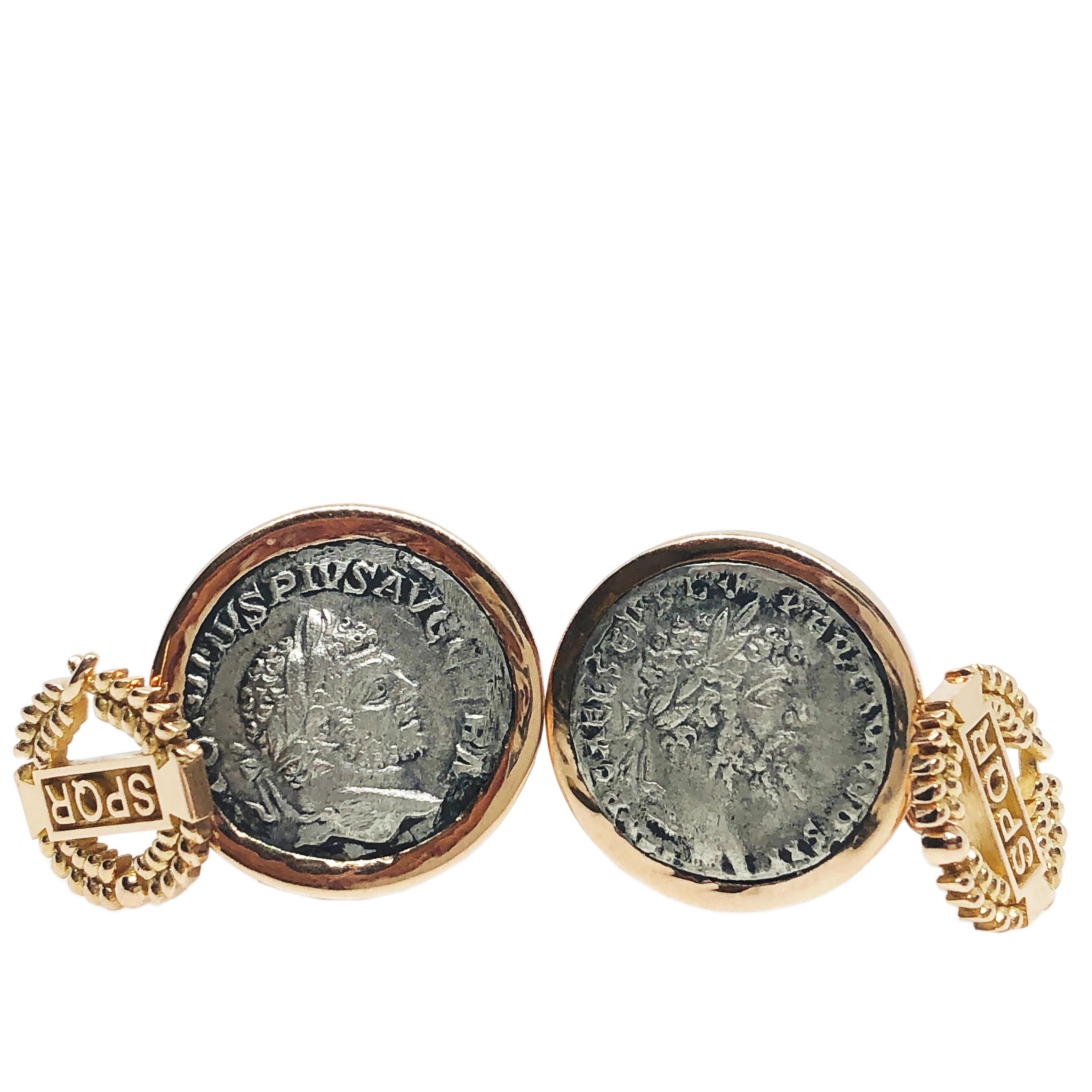 Men's 194-215 A.D. Septimius Severus Caracalla Roman Coin 18 Karat Gold Cufflinks