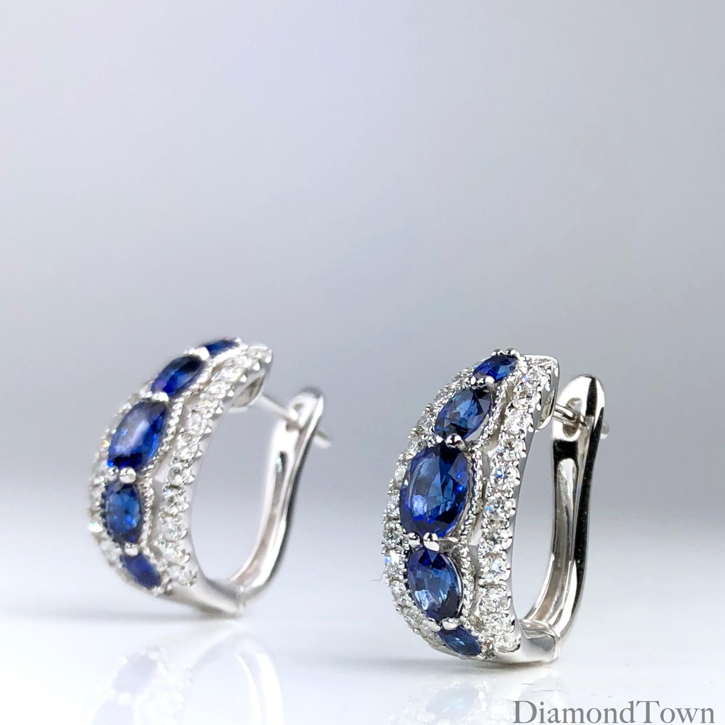 Contemporary 1.94 Carat Blue Sapphire and 0.54 Carat Diamond Hoop Earrings in 18 Karat Gold