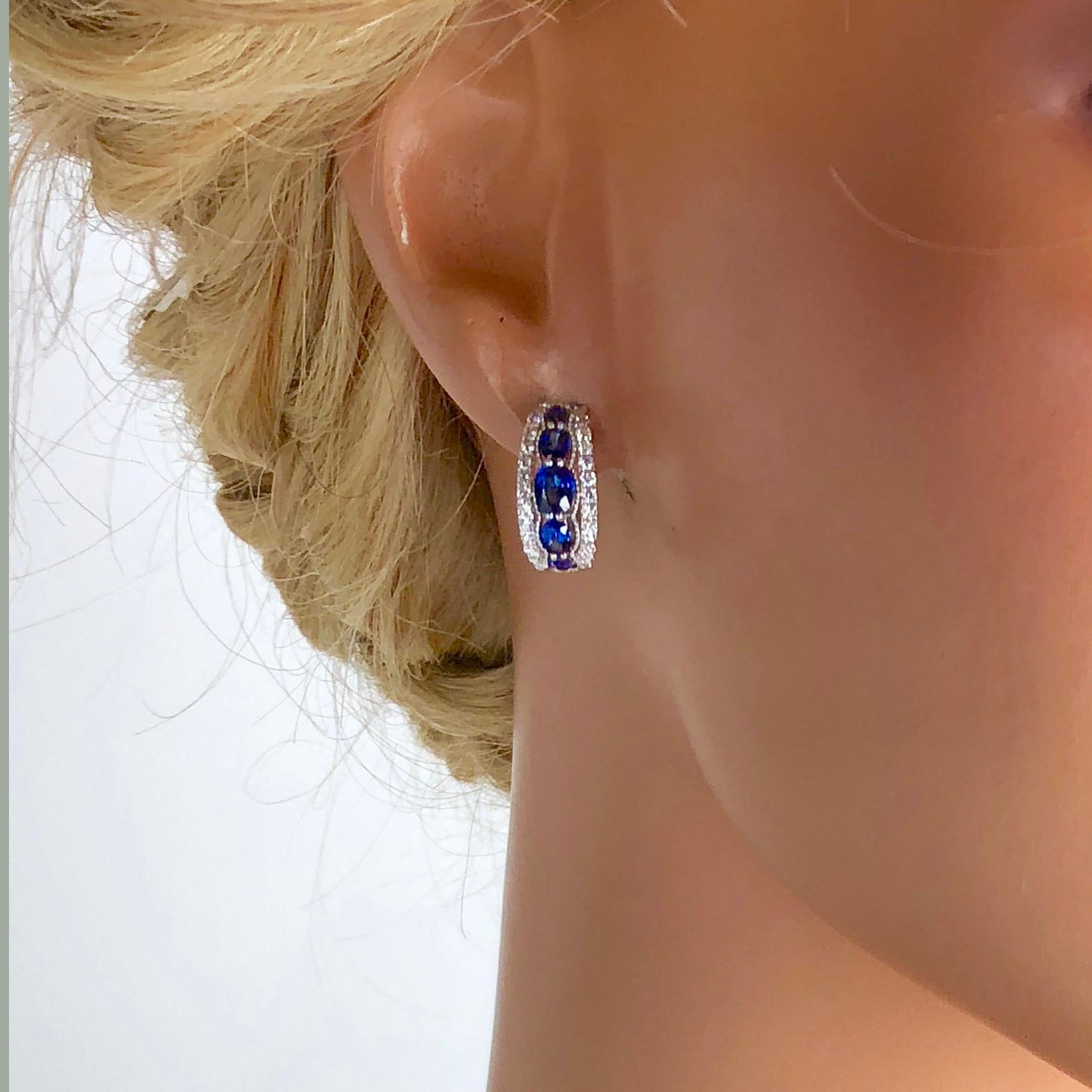 Women's 1.94 Carat Blue Sapphire and 0.54 Carat Diamond Hoop Earrings in 18 Karat Gold