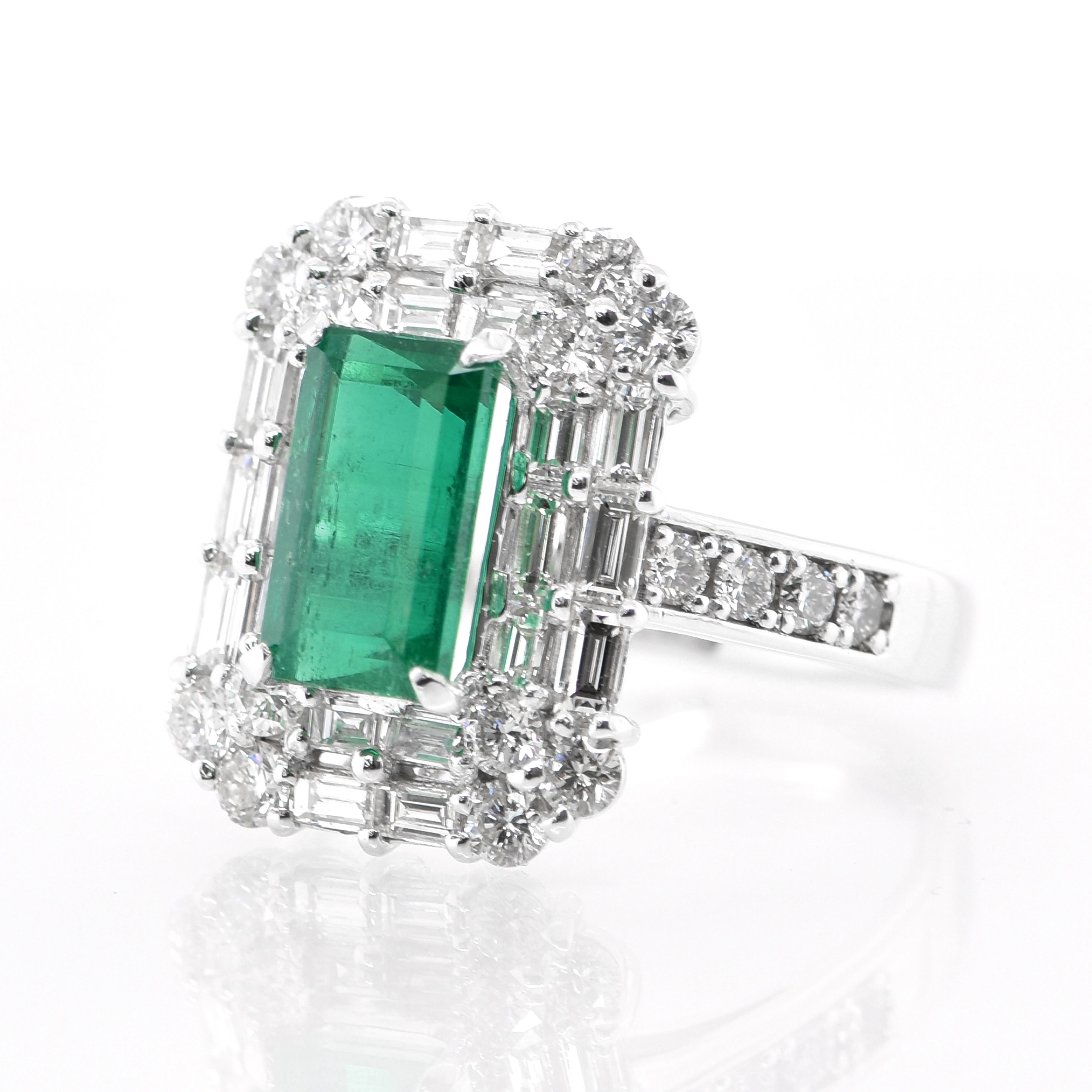 A stunning Art Deco Inspired Cocktail Ring featuring a 1.94 Carat Natural Emerald and 1.63 Carats of Diamond Accents set in Platinum. People have admired emerald’s green for thousands of years. Emeralds have always been associated with the lushest