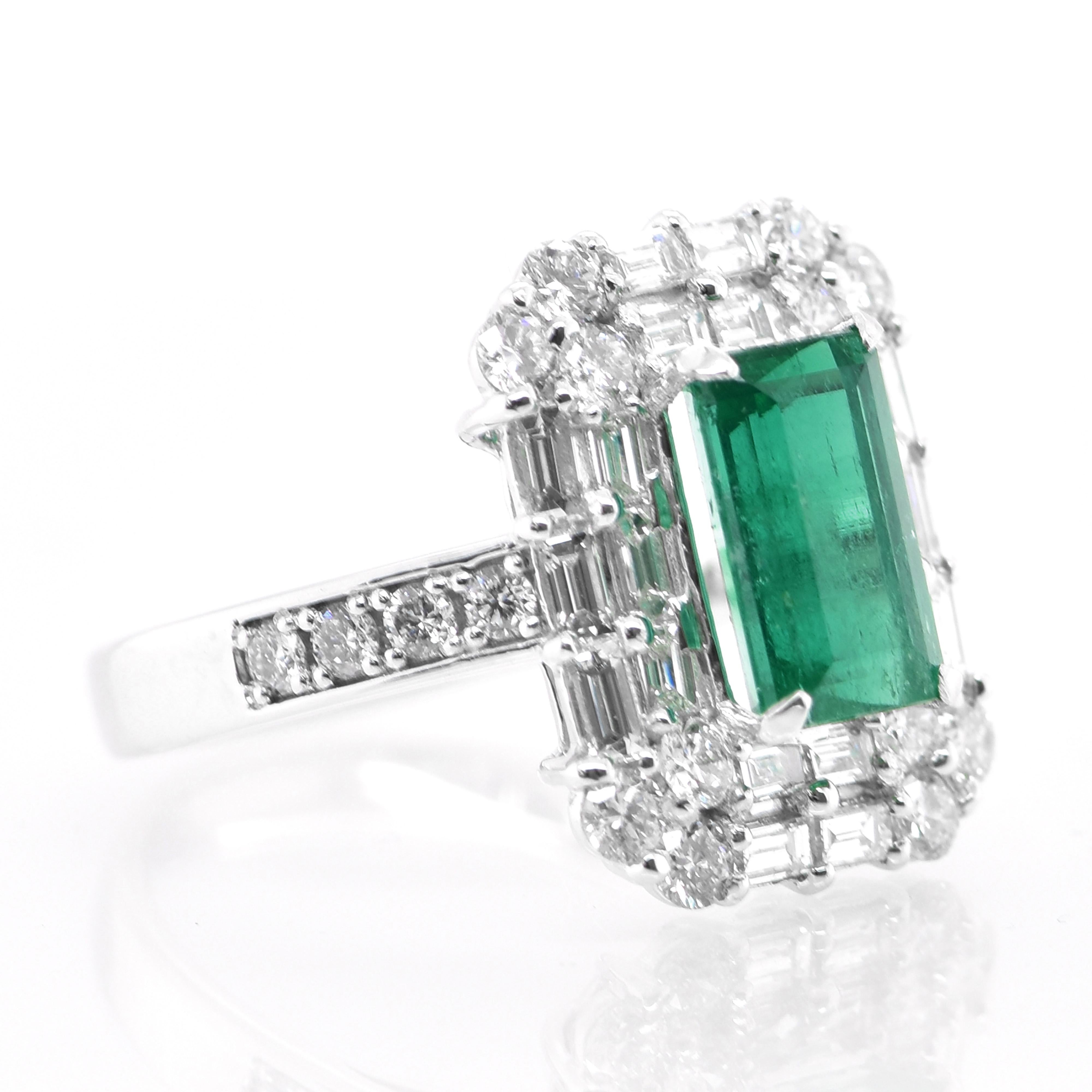 Emerald Cut 1.94 Carat Natural Emerald and Diamond Art Deco Inspired Ring Set in Platinum