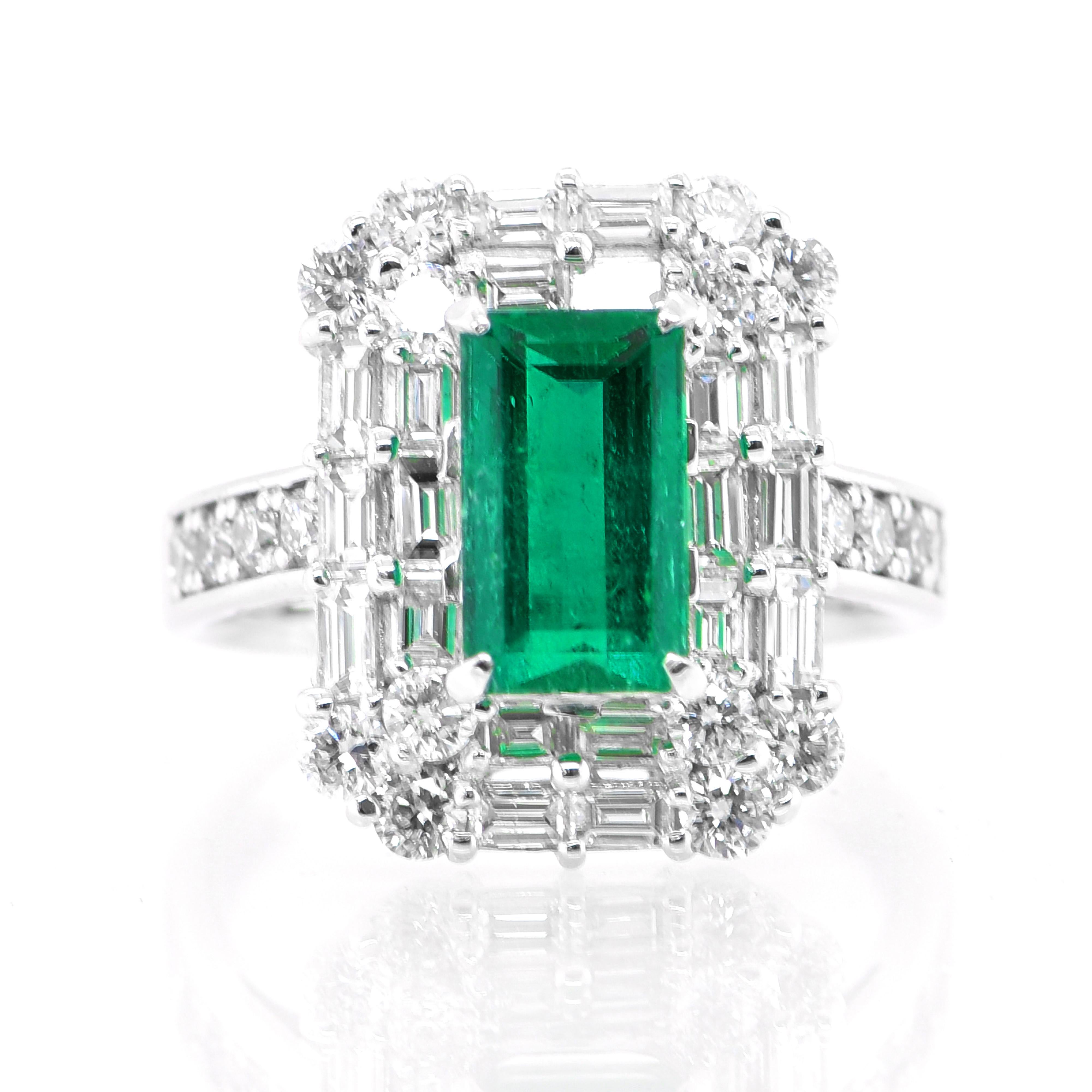 1.94 Carat Natural Emerald and Diamond Art Deco Inspired Ring Set in Platinum