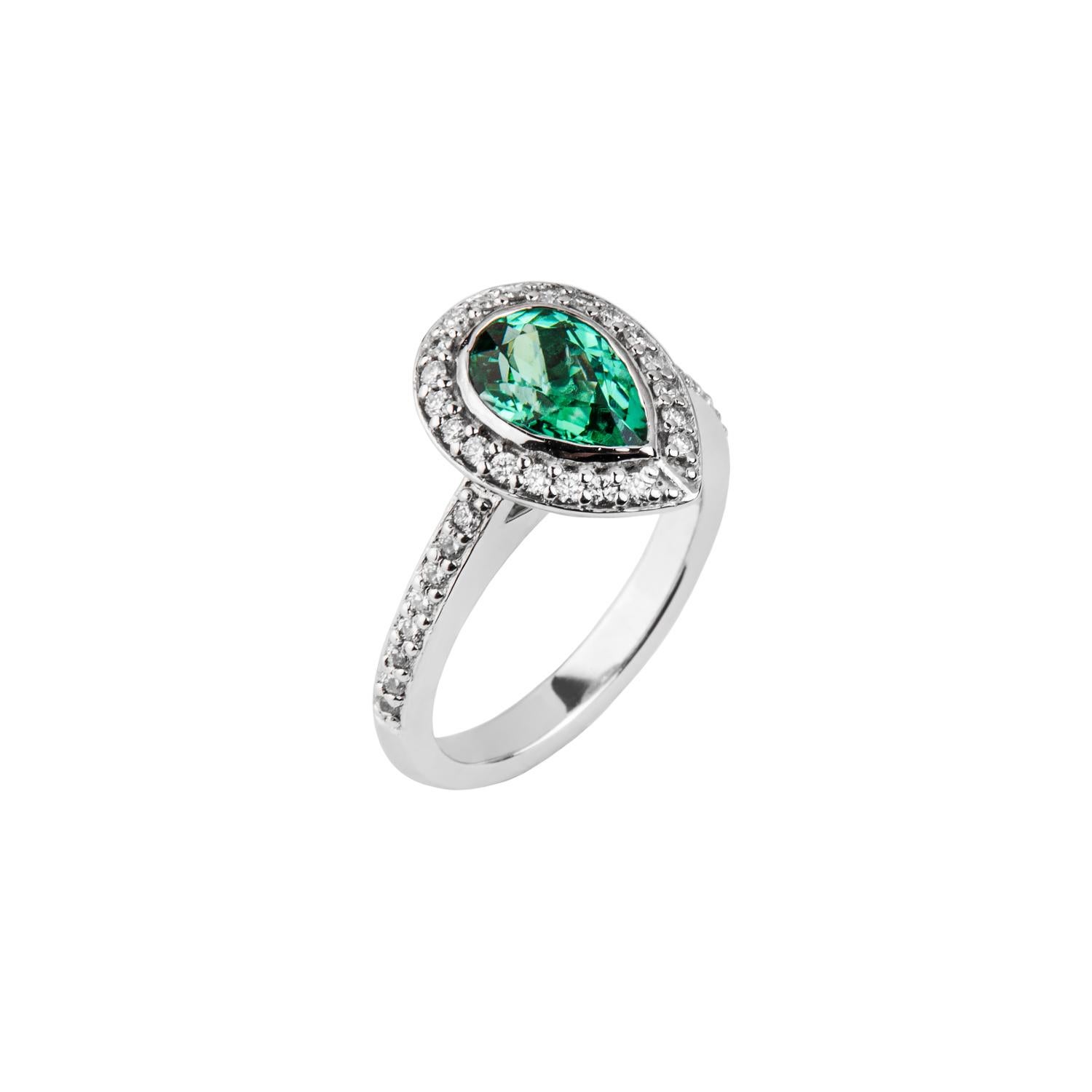 1.94 Carat Green Tourmaline Pear Diamond Cluster Ring Platinum Natalie Barney For Sale 2