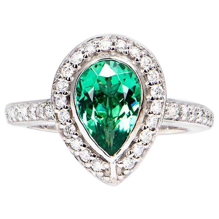 1.94 Carat Green Tourmaline Pear Diamond Cluster Ring Platinum Natalie Barney For Sale