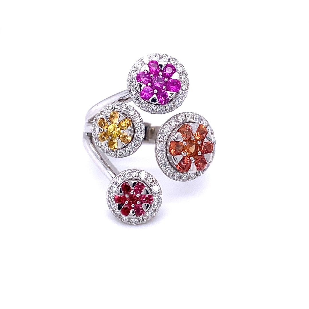 1,94 Karat Multi Farbe Saphir Diamant Weißgold Statement Ring (Rundschliff) im Angebot