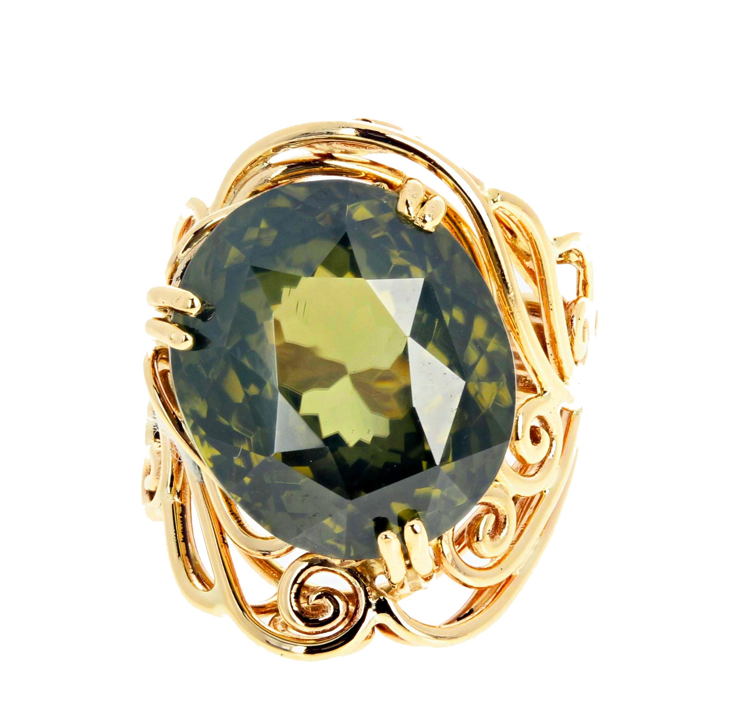 Oval Cut AJD Rare ENORMOUS Gemstone 19.4 Ct Natural Green Zircon Yellow Gold Ring For Sale