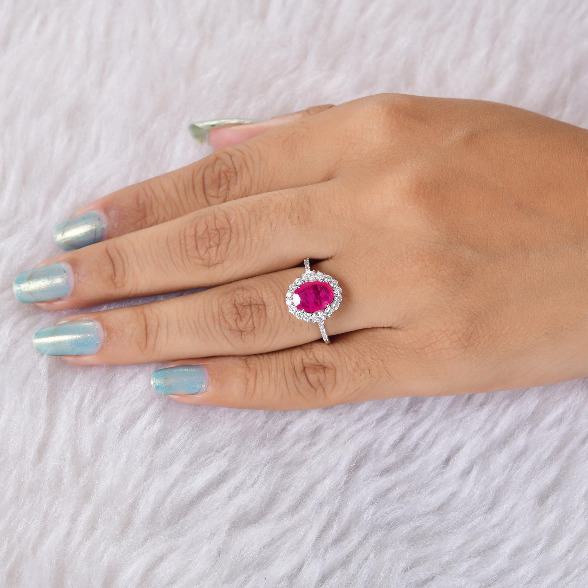 Modern 1.94 Carat Oval Ruby Gemstone Ring 0.66 Carat SI/H Diamond 18 Karat White Gold For Sale