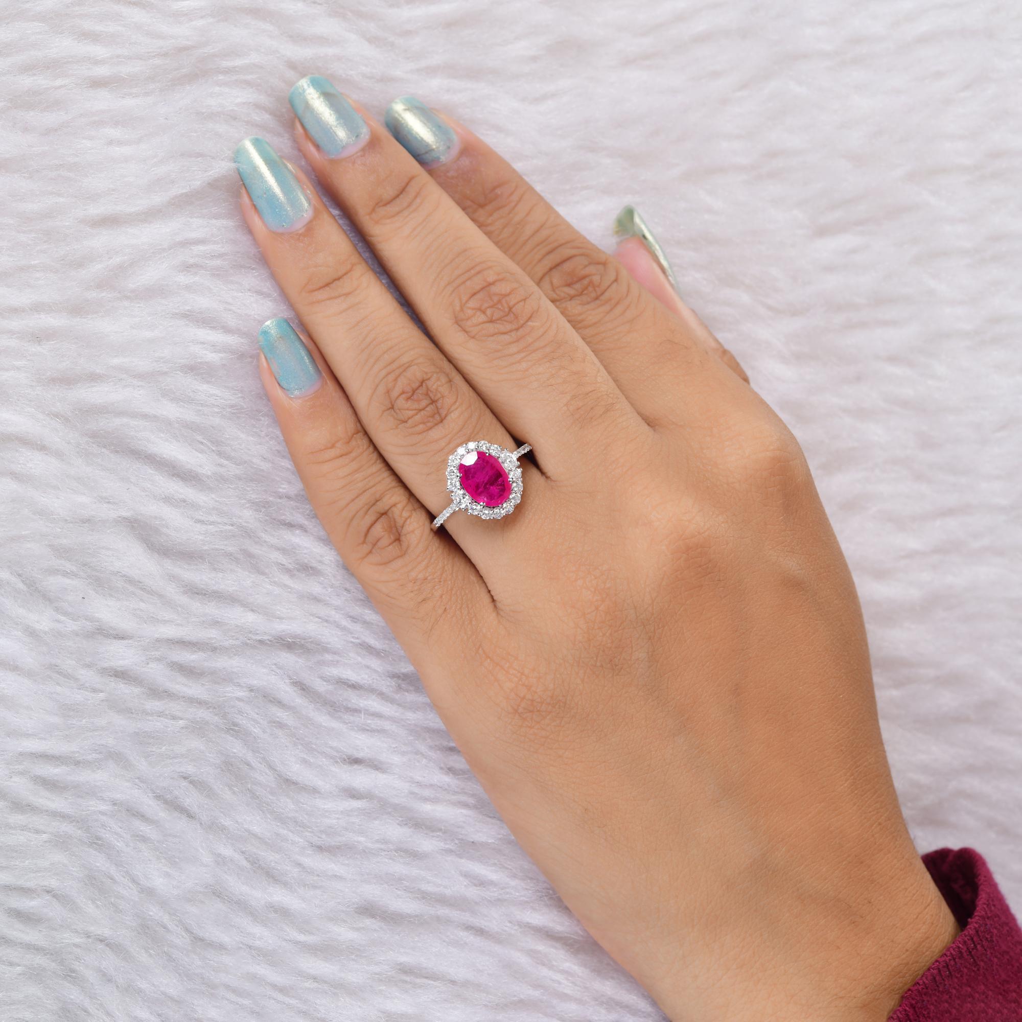 Oval Cut 1.94 Carat Oval Ruby Gemstone Ring 0.66 Carat SI/H Diamond 18 Karat White Gold For Sale