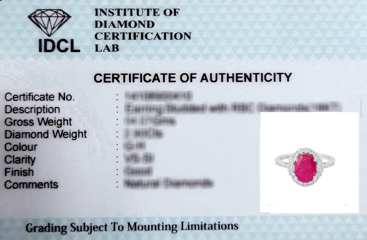 1.94 Carat Oval Ruby Gemstone Ring 0.66 Carat SI/H Diamond 18 Karat White Gold For Sale 1