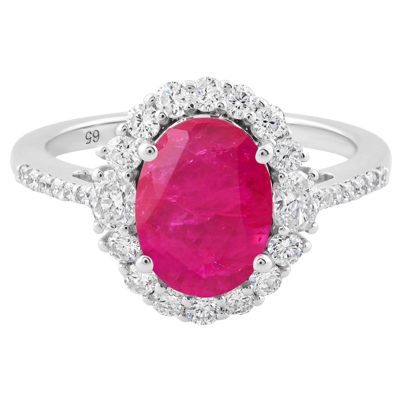 1.94 Carat Oval Ruby Gemstone Ring 0.66 Carat SI/H Diamond 18 Karat White Gold For Sale