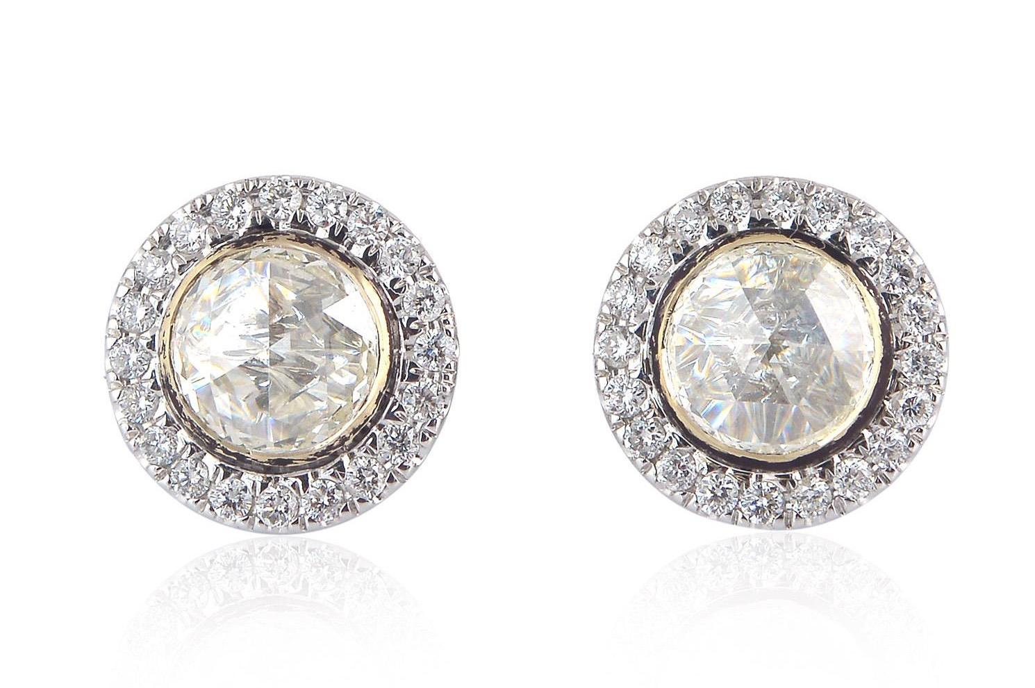 Contemporary 1.94 Carat Rosecut Diamond 18 Karat Gold Round Stud Earrings For Sale