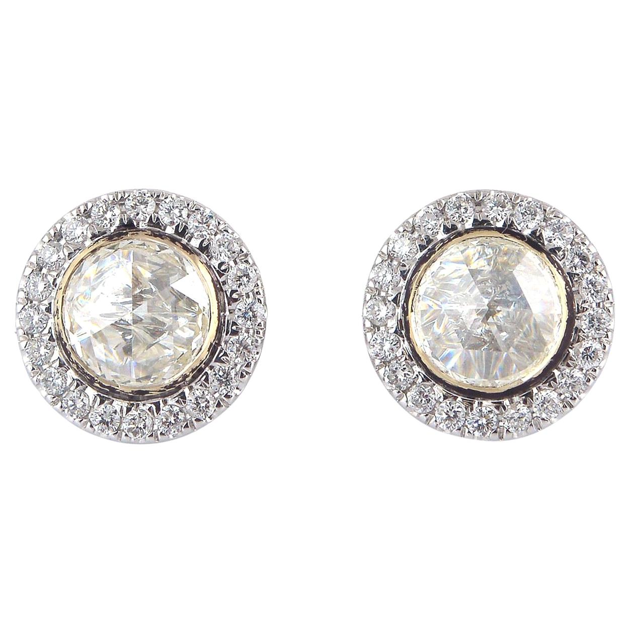 1.94 Carat Rosecut Diamond 18 Karat Gold Round Stud Earrings For Sale