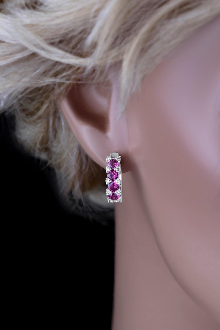 Round Cut 1.94 Carat Ruby and 0.41 Carat Diamond Hoop Earrings in 14k White Gold For Sale
