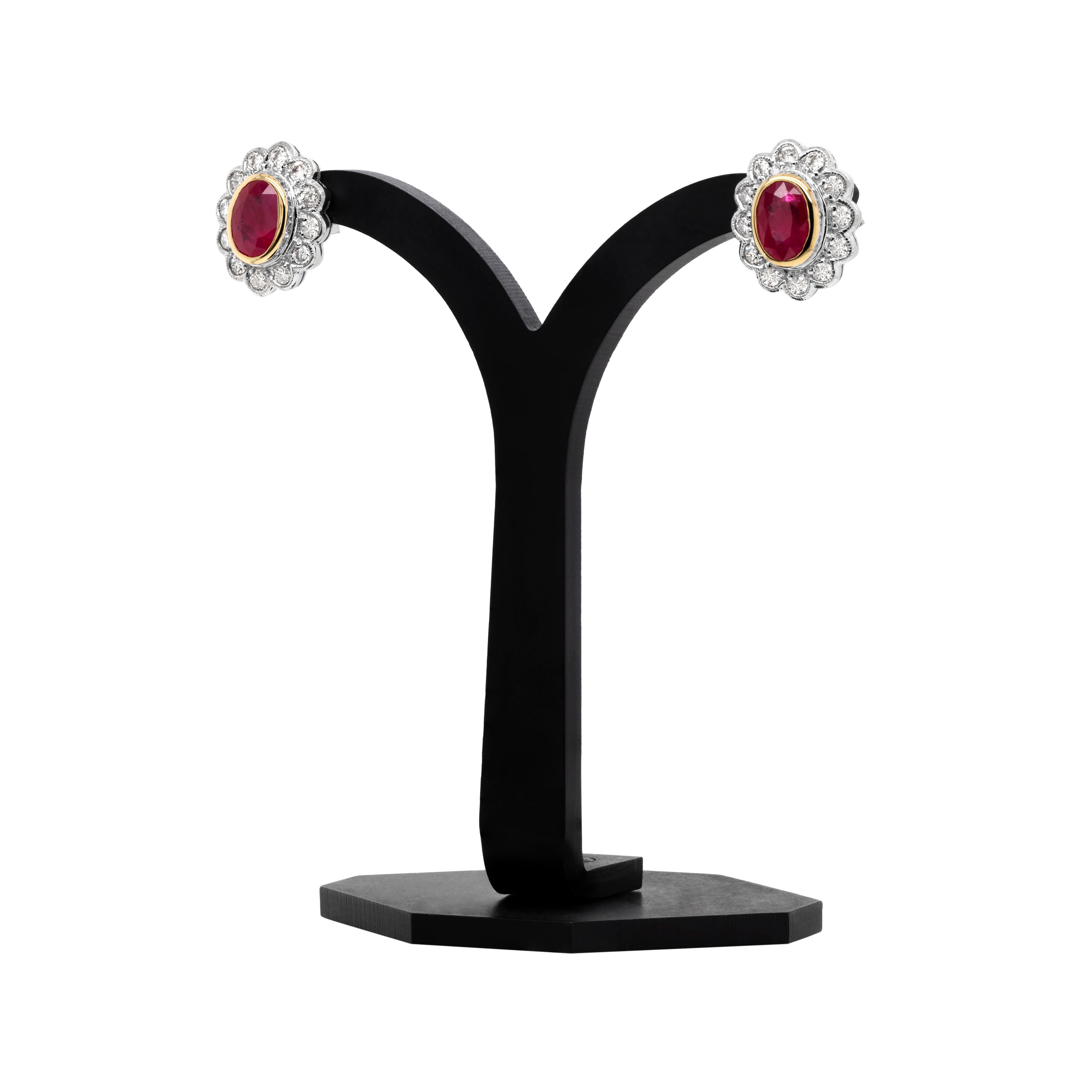 Modern 1.94 Carat Ruby and Diamond 18 Carat White and Yellow Gold Cluster Stud Earrings For Sale