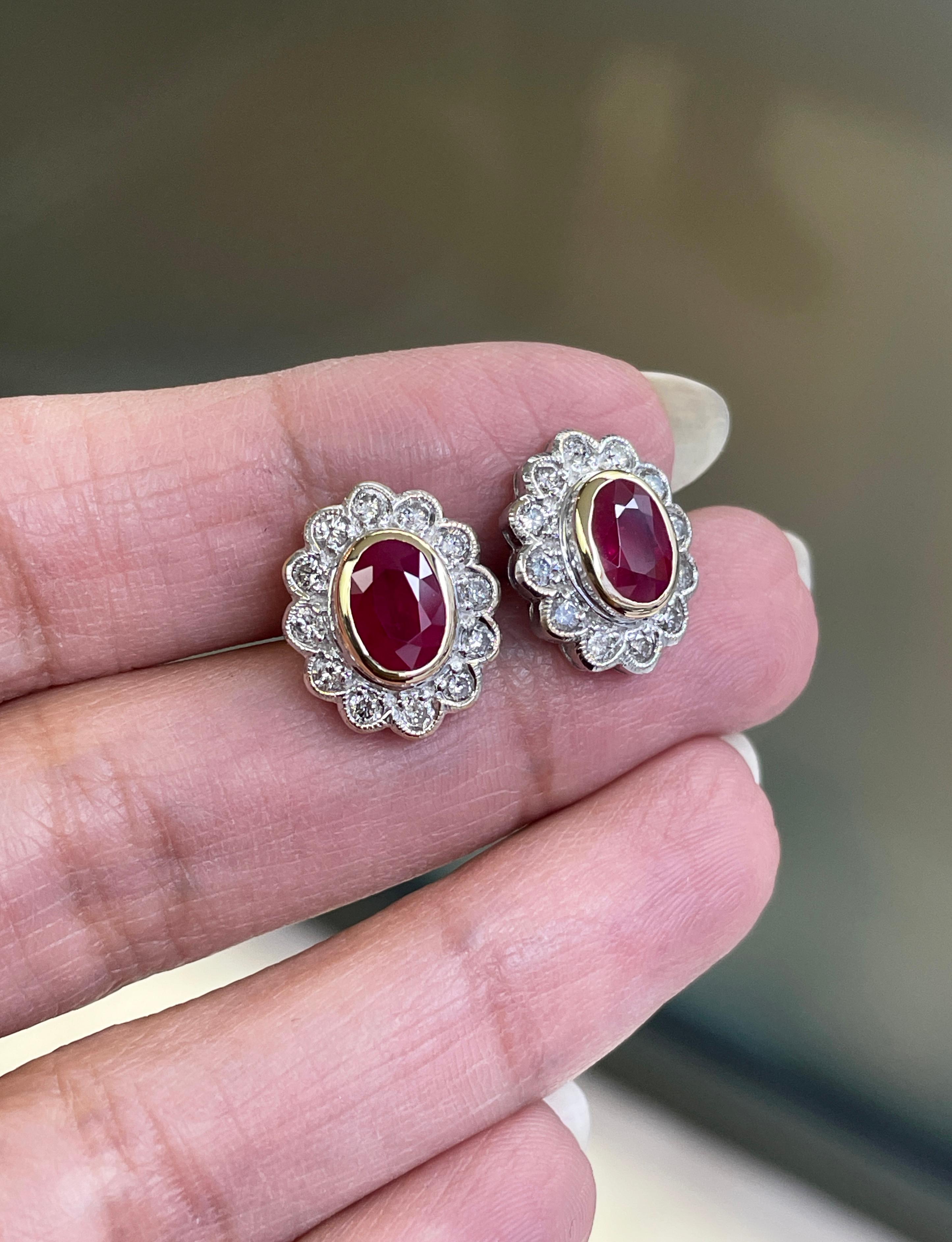 Oval Cut 1.94 Carat Ruby and Diamond 18 Carat White and Yellow Gold Cluster Stud Earrings For Sale