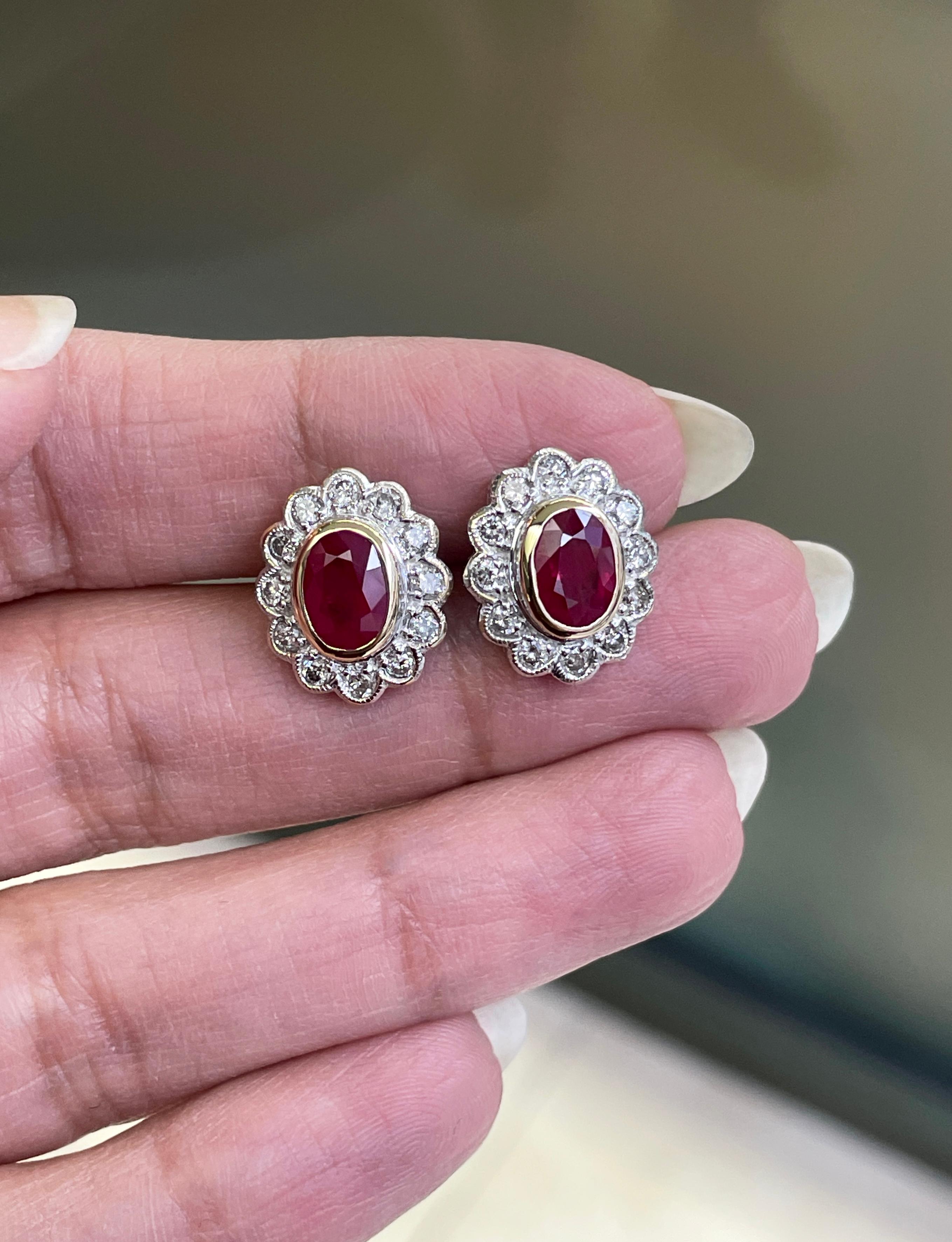 1.94 Carat Ruby and Diamond 18 Carat White and Yellow Gold Cluster Stud Earrings In New Condition For Sale In London, GB
