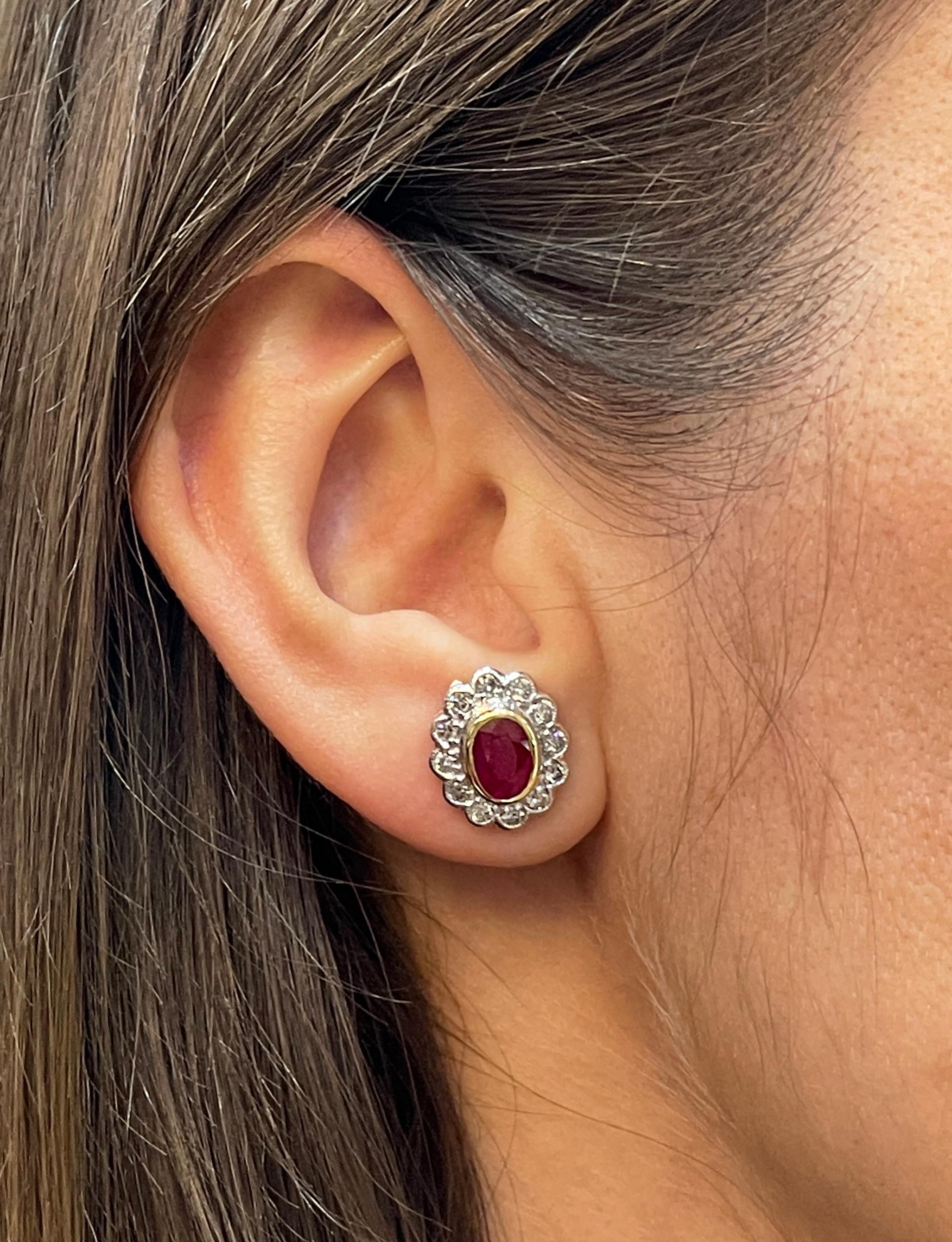 Women's 1.94 Carat Ruby and Diamond 18 Carat White and Yellow Gold Cluster Stud Earrings For Sale