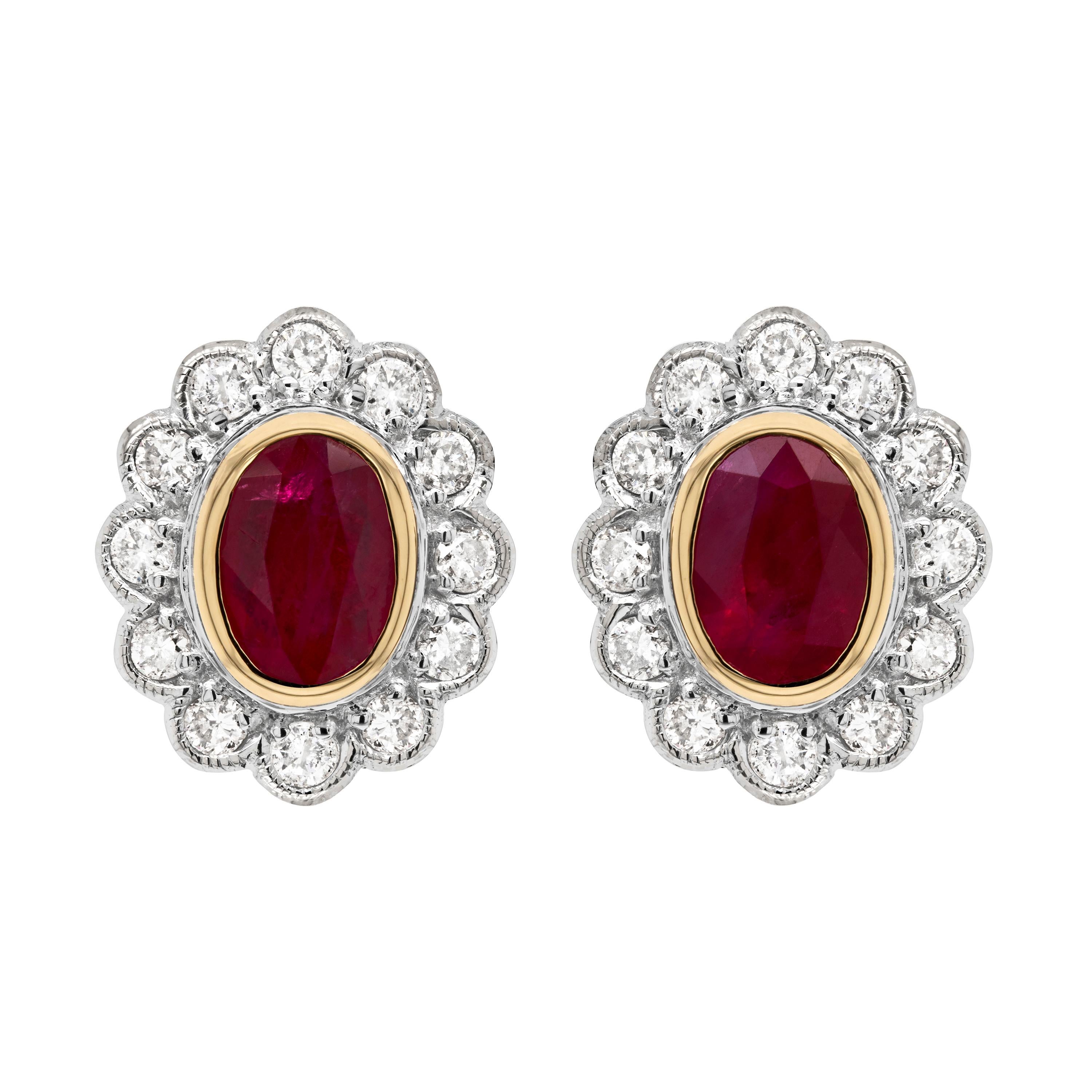 1.94 Carat Ruby and Diamond 18 Carat White and Yellow Gold Cluster Stud Earrings