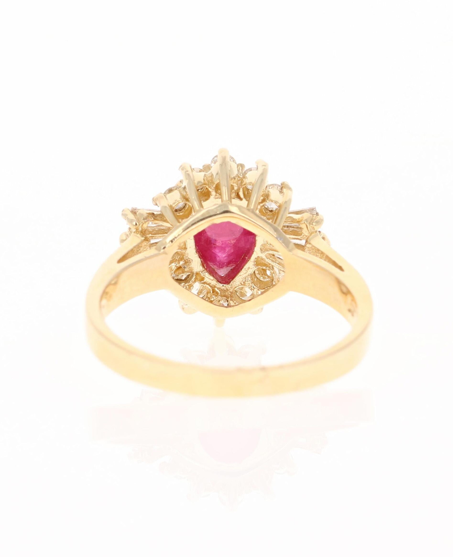 Pear Cut 1.94 Carat Ruby Diamond 14 Karat Yellow Gold Ballerina Cluster Ring