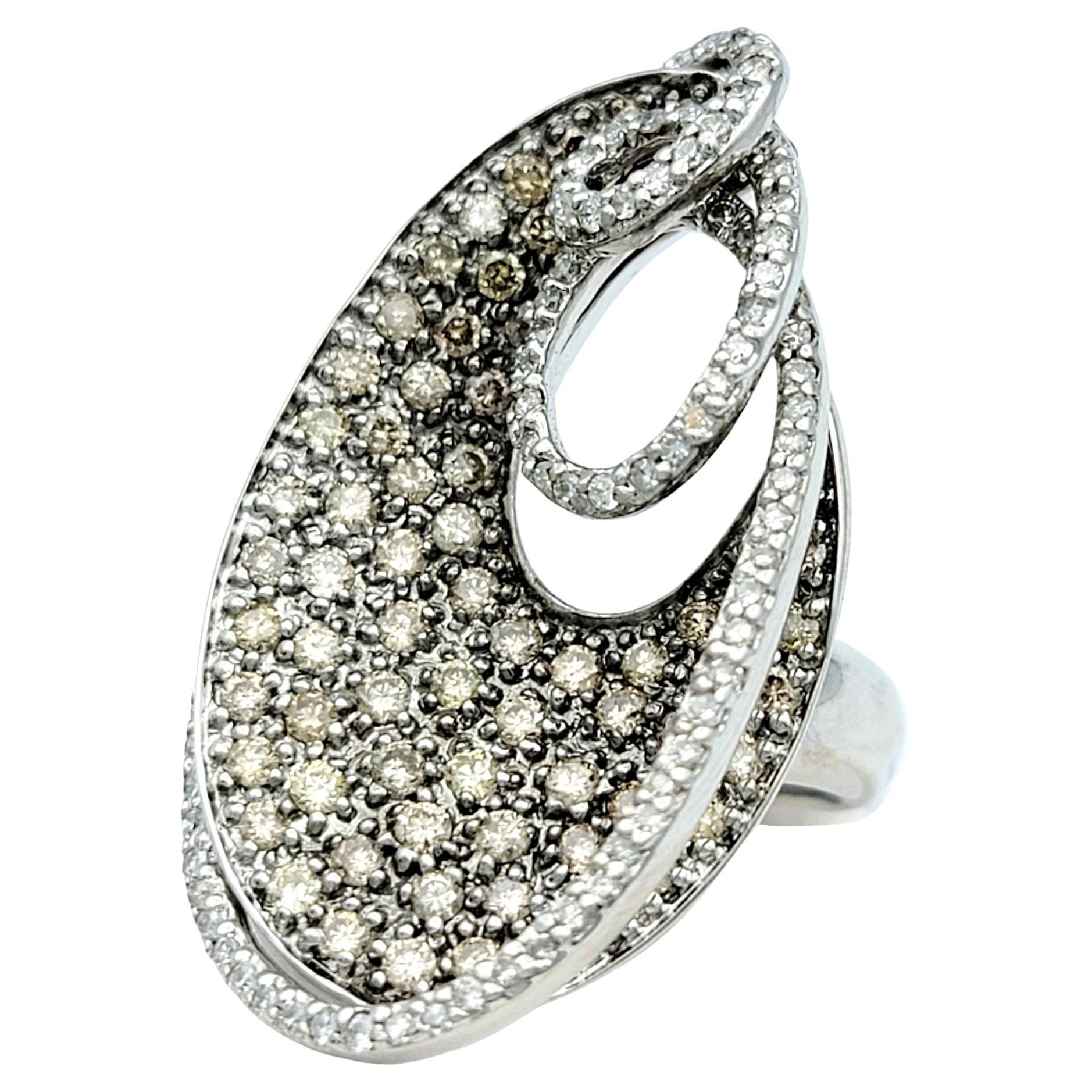 1.94 Carat Total Pavé Diamond Oblong Swirl Cocktail Ring in 14 Karat White Gold For Sale