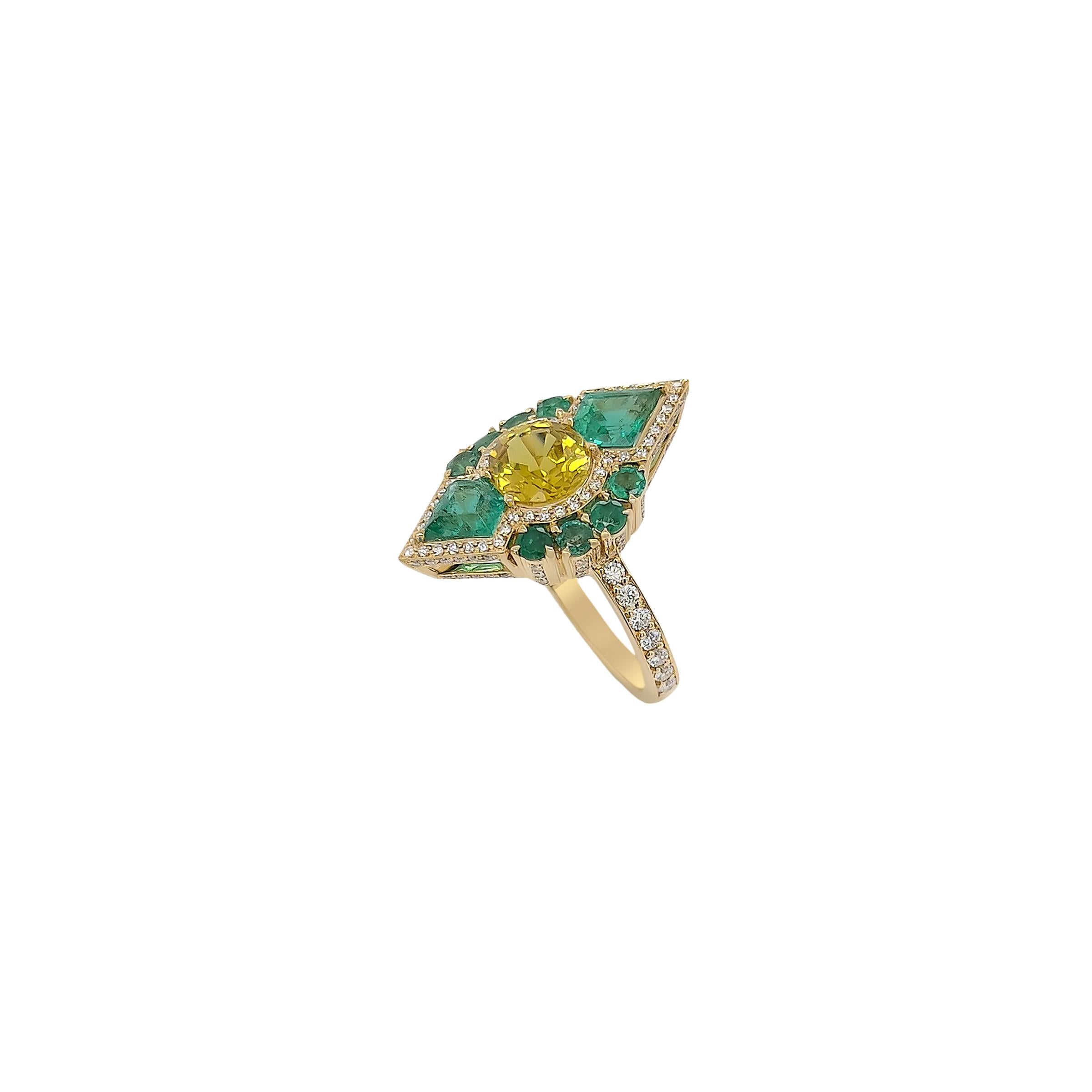 Inspired by South American motifs this 1.94ct heated oval yellow sapphire shines brightly as the center stone. Natural and vibrant columbian emeralds in mixed cuts accompany the yellow sapphire complimenting the colors. Natural paved diamonds