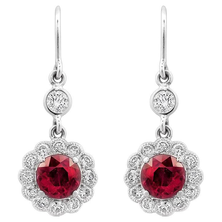 Certified Natural 1.94 Carats Ruby set in 18K White Gold Earrings with Diamonds  For Sale