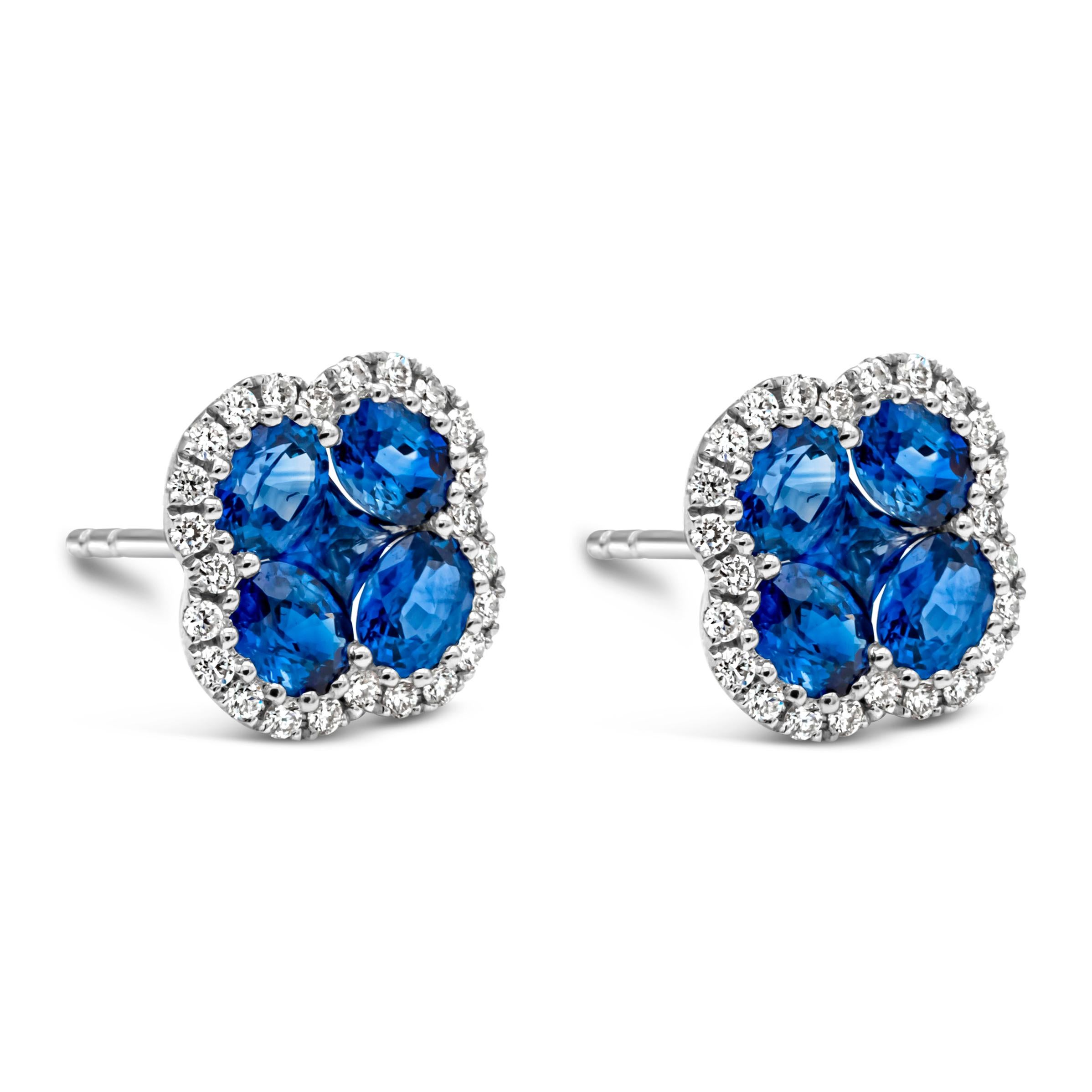 Contemporary 1.94 Carats Total Mixed Shape Blue Sapphire & Round Diamond Halo Stud Earrings For Sale