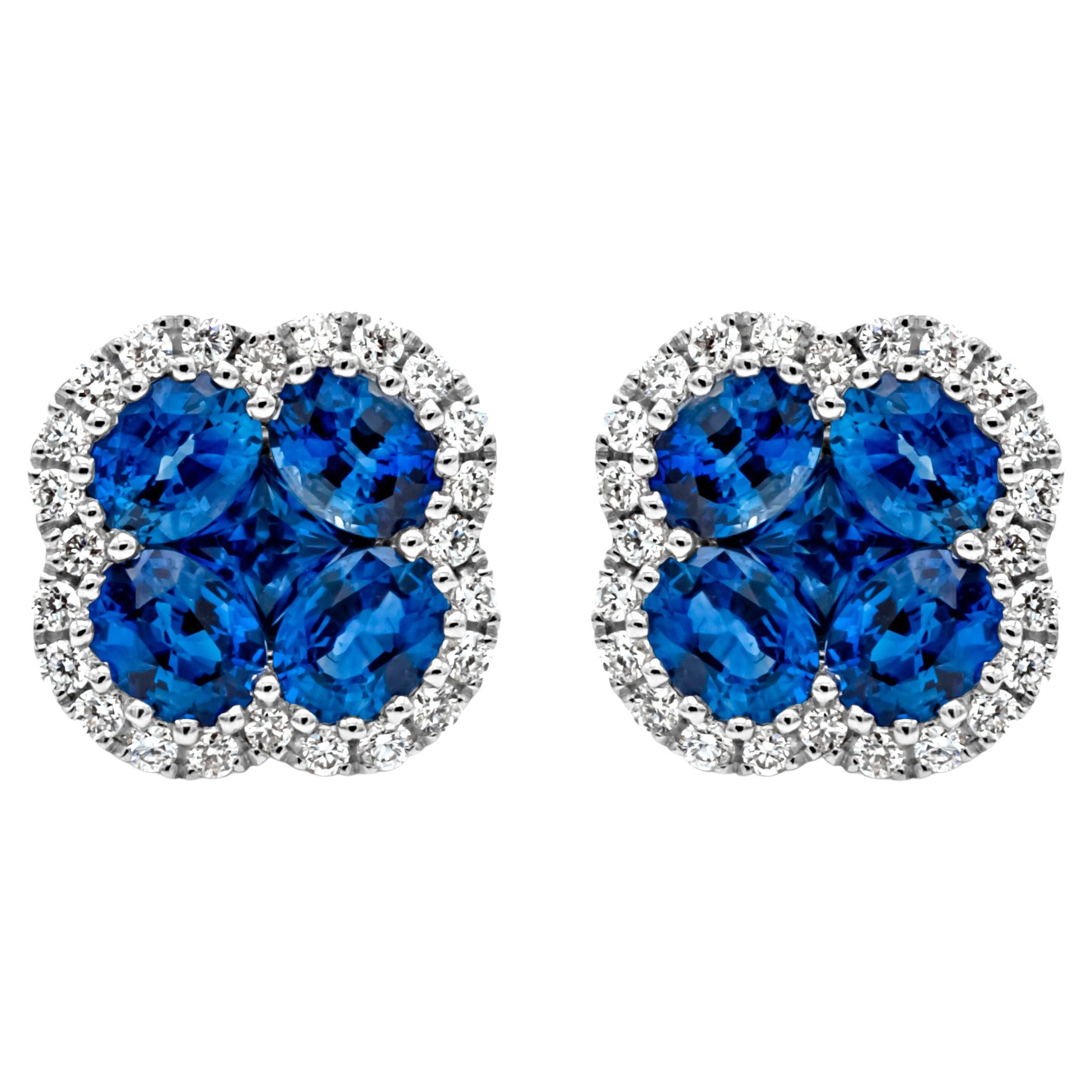 1.94 Carats Total Mixed Shape Blue Sapphire & Round Diamond Halo Stud Earrings For Sale