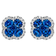 1.94 Carats Total Mixed Shape Blue Sapphire & Round Diamond Halo Stud Earrings
