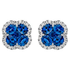 1.94 Carats Total Mixed Shape Blue Sapphire & Round Diamond Halo Stud Earrings