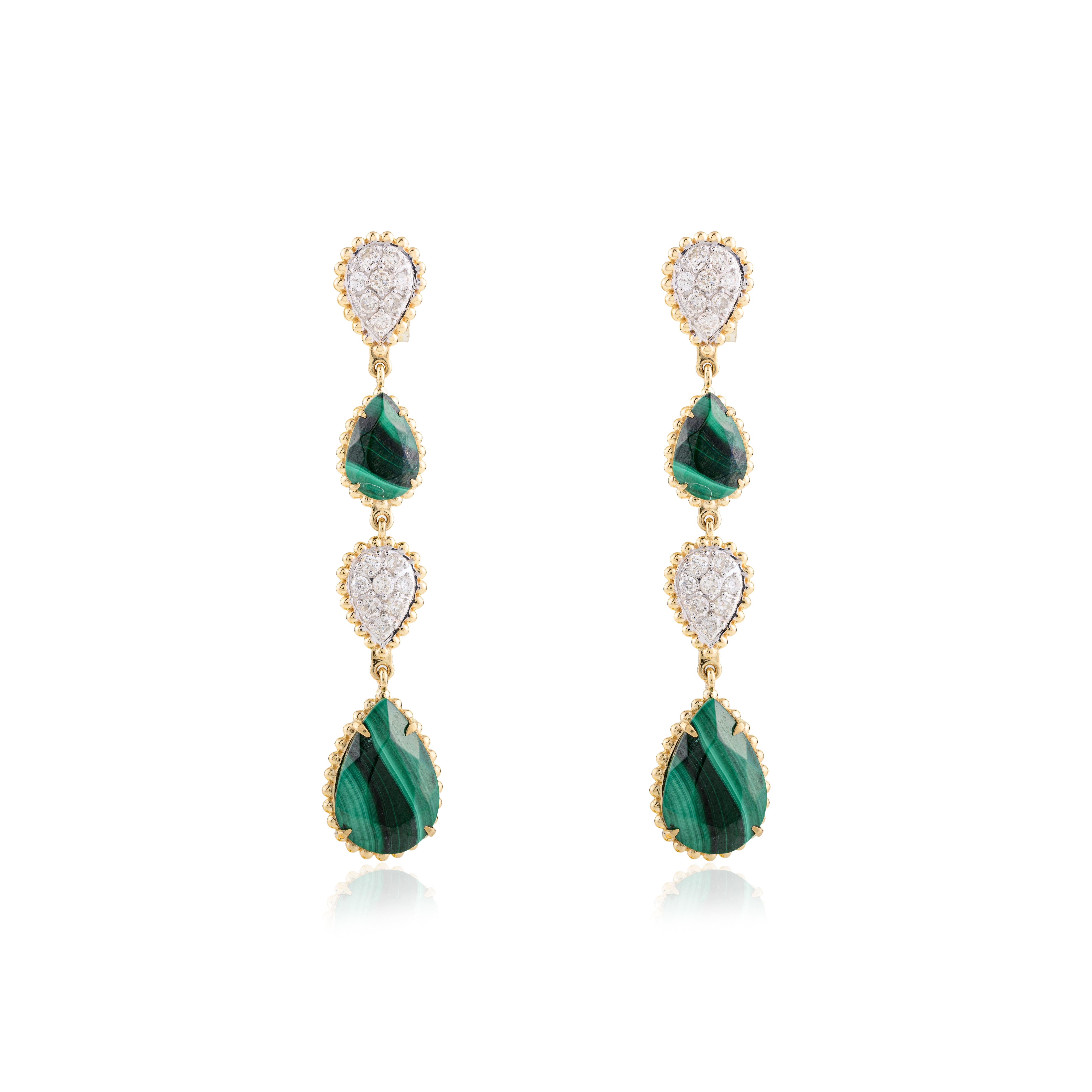 Art Déco Orecchini lunghi con diamanti e malachite fine da 19,4 CTW in oro giallo massiccio 18 carati in vendita