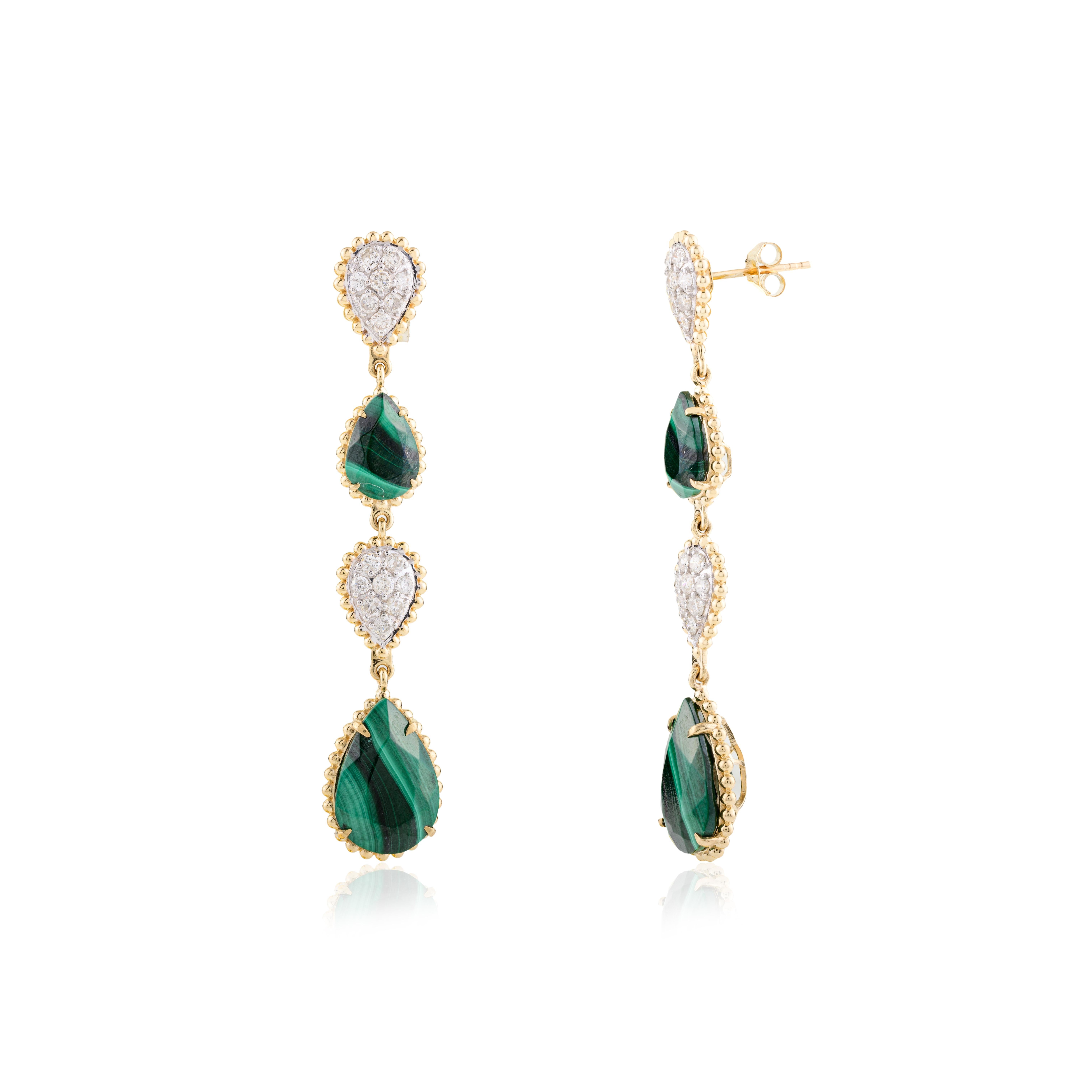 Orecchini lunghi con diamanti e malachite fine da 19,4 CTW in oro giallo massiccio 18 carati In condizioni Nuovo in vendita a New York, NY