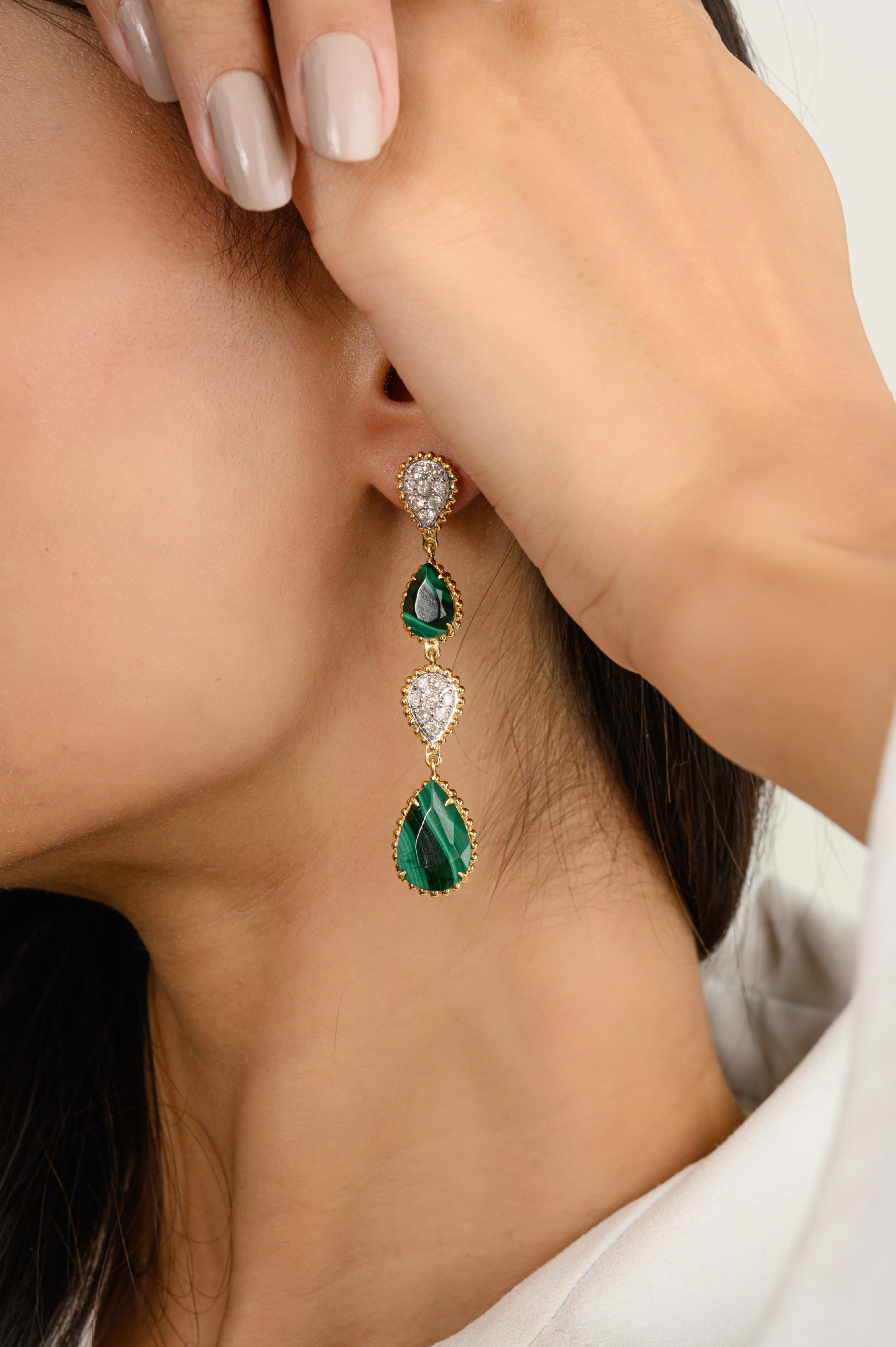 Donna Orecchini lunghi con diamanti e malachite fine da 19,4 CTW in oro giallo massiccio 18 carati in vendita