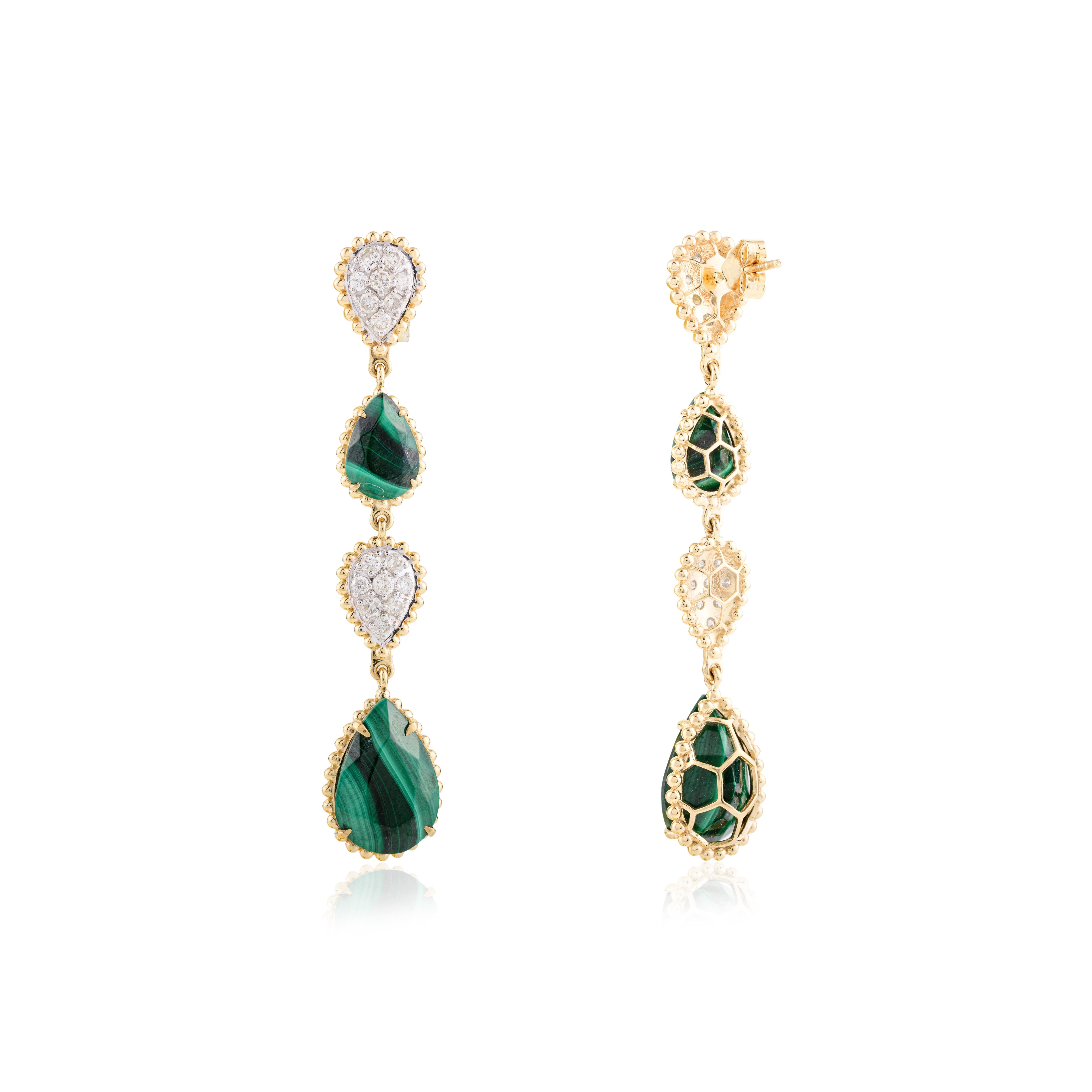 Orecchini lunghi con diamanti e malachite fine da 19,4 CTW in oro giallo massiccio 18 carati in vendita 1