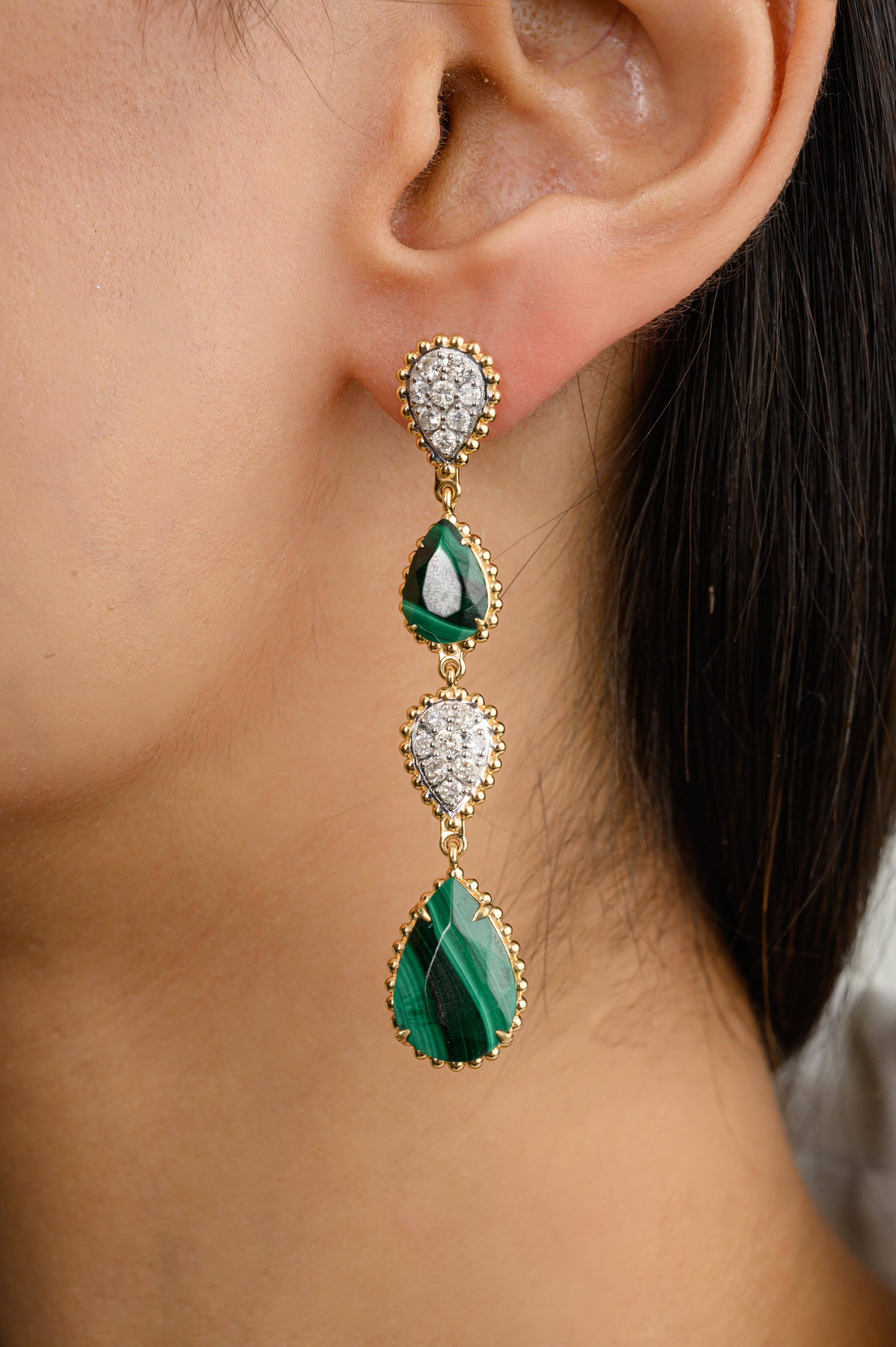 Orecchini lunghi con diamanti e malachite fine da 19,4 CTW in oro giallo massiccio 18 carati in vendita 2
