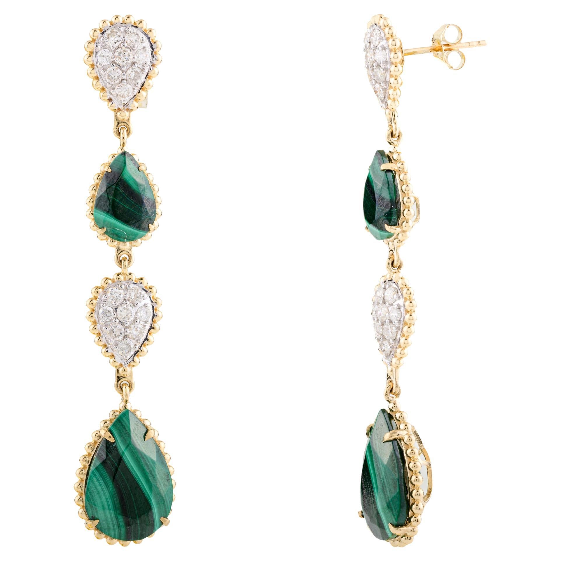 19.4 CTW Fine Malachite Diamond Long Dangle Earrings in 18k Solid Yellow Gold