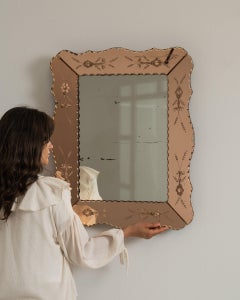 1940-1949 Italy Warm Blush Pink Carved Wood Mirror With Etched Border
