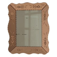 1940-1949 Italy Warm Blush Pink Carved Wood Mirror With Etched Border