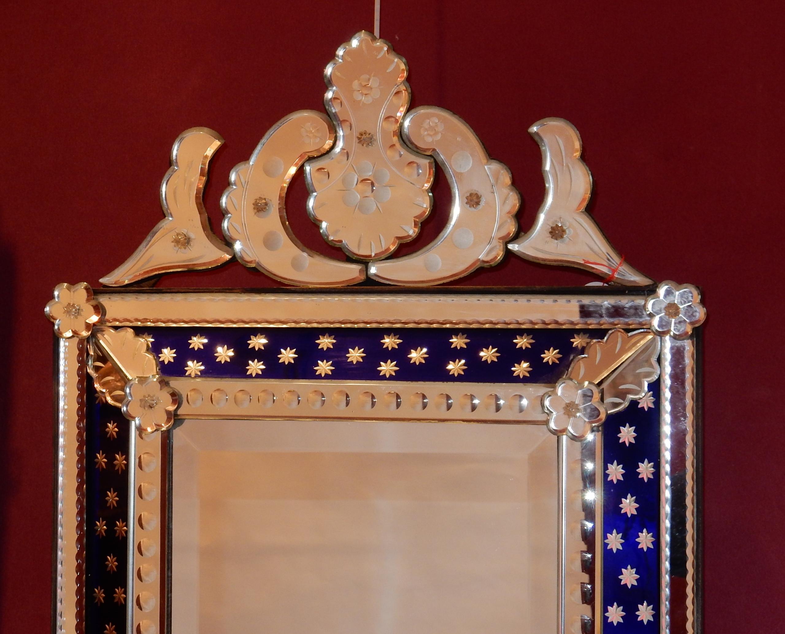 Napoleon III 1940-1950 Venetian Mirror N3 with Pediment, Blue Glass Adorned with Stars