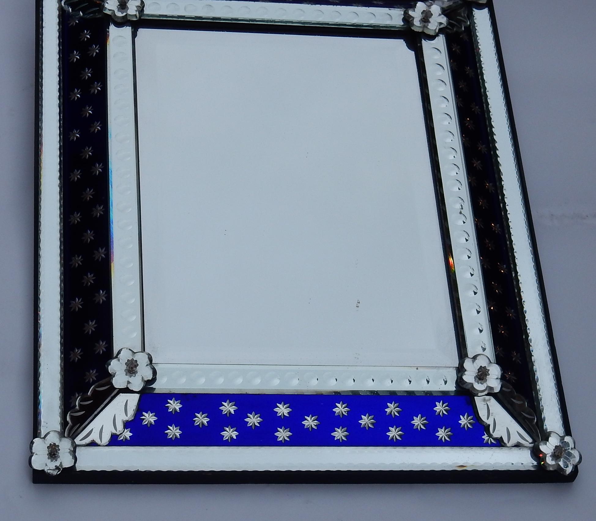 Italian 1940-1950 Venetian Mirror N3 with Pediment, Blue Glass Adorned with Stars