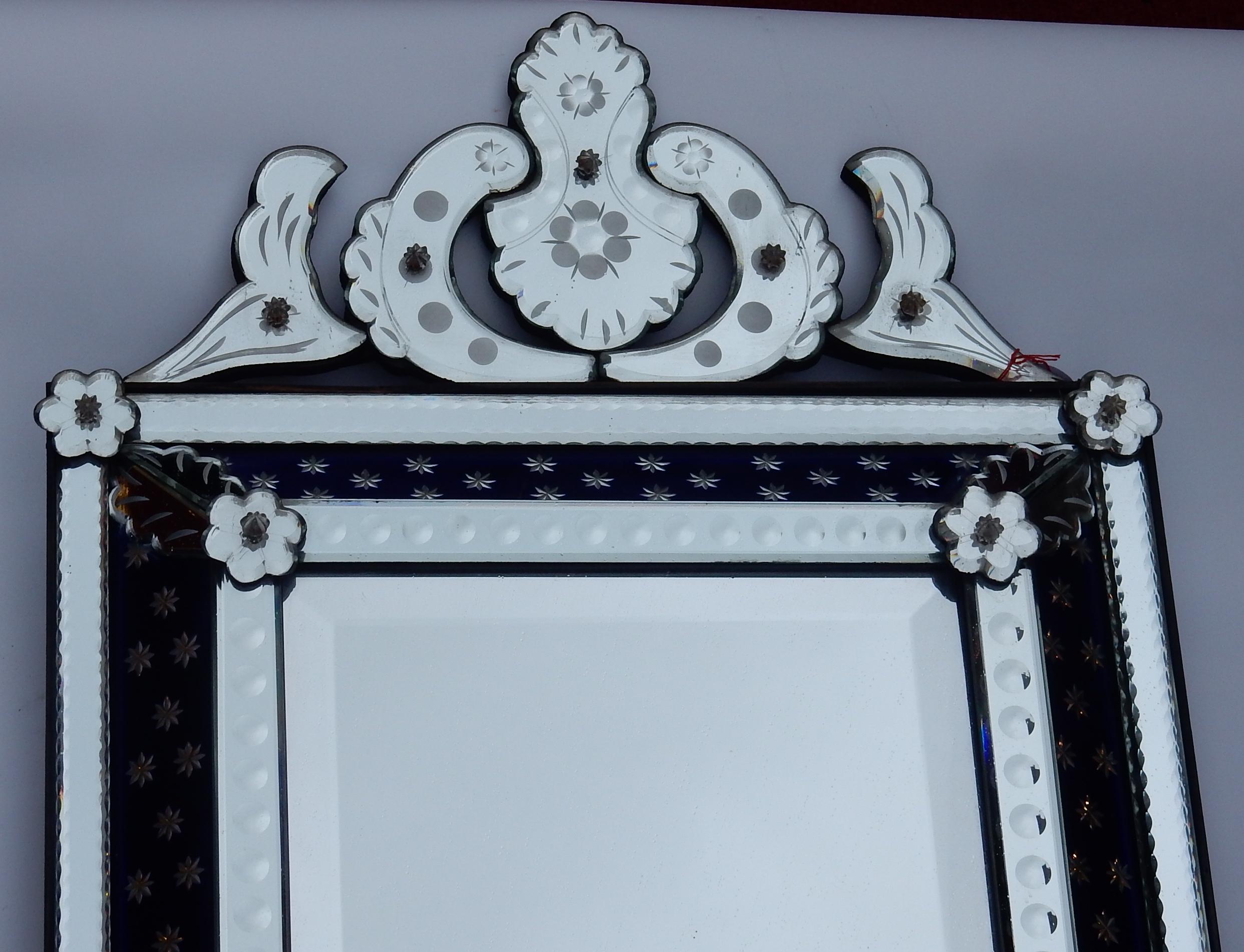 Silvered 1940-1950 Venetian Mirror N3 with Pediment, Blue Glass Adorned with Stars