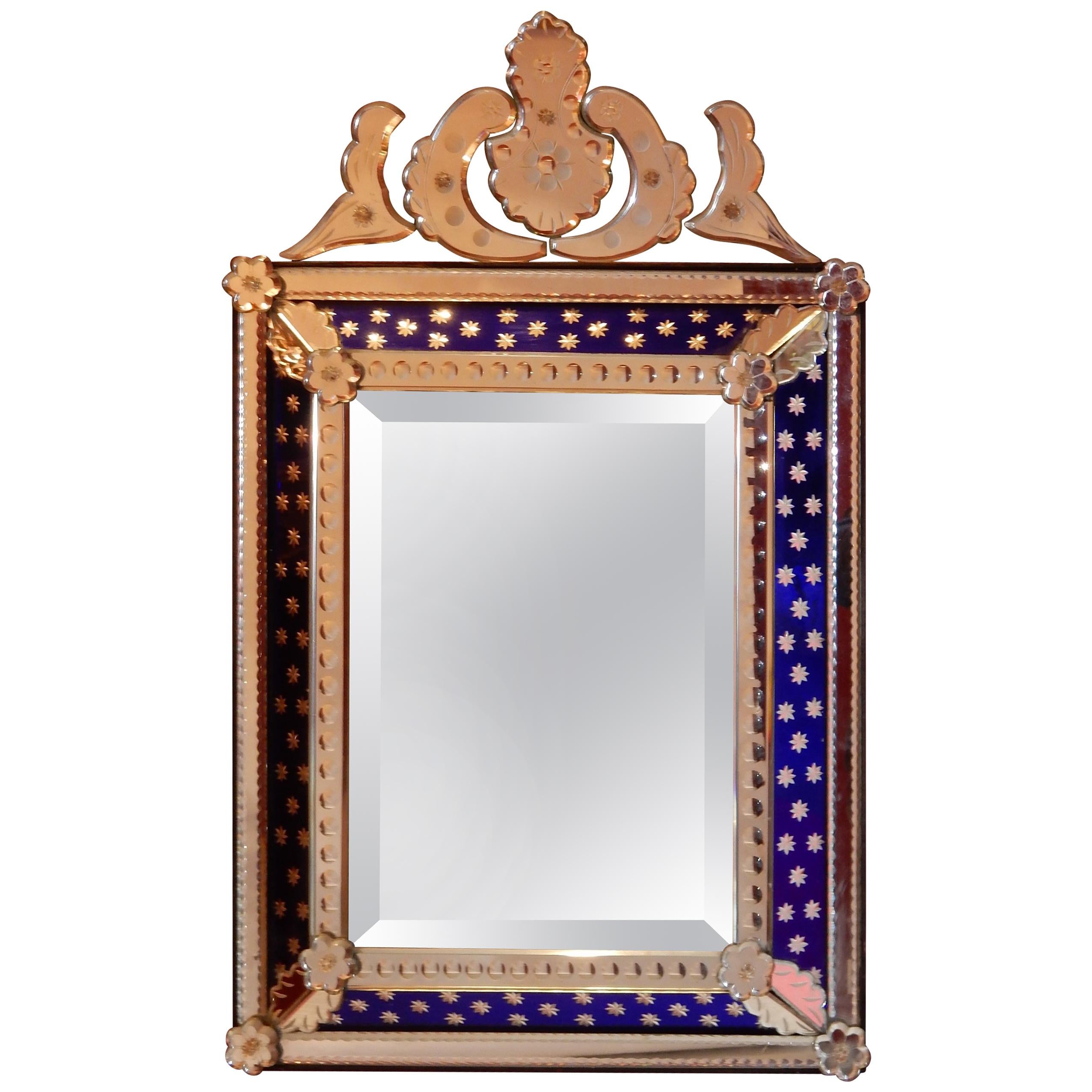 1940-1950 Venetian Mirror N3 with Pediment, Blue Glass Adorned with Stars