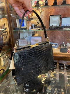 1940/1950s Black Alligator Handbag with Brass Frame