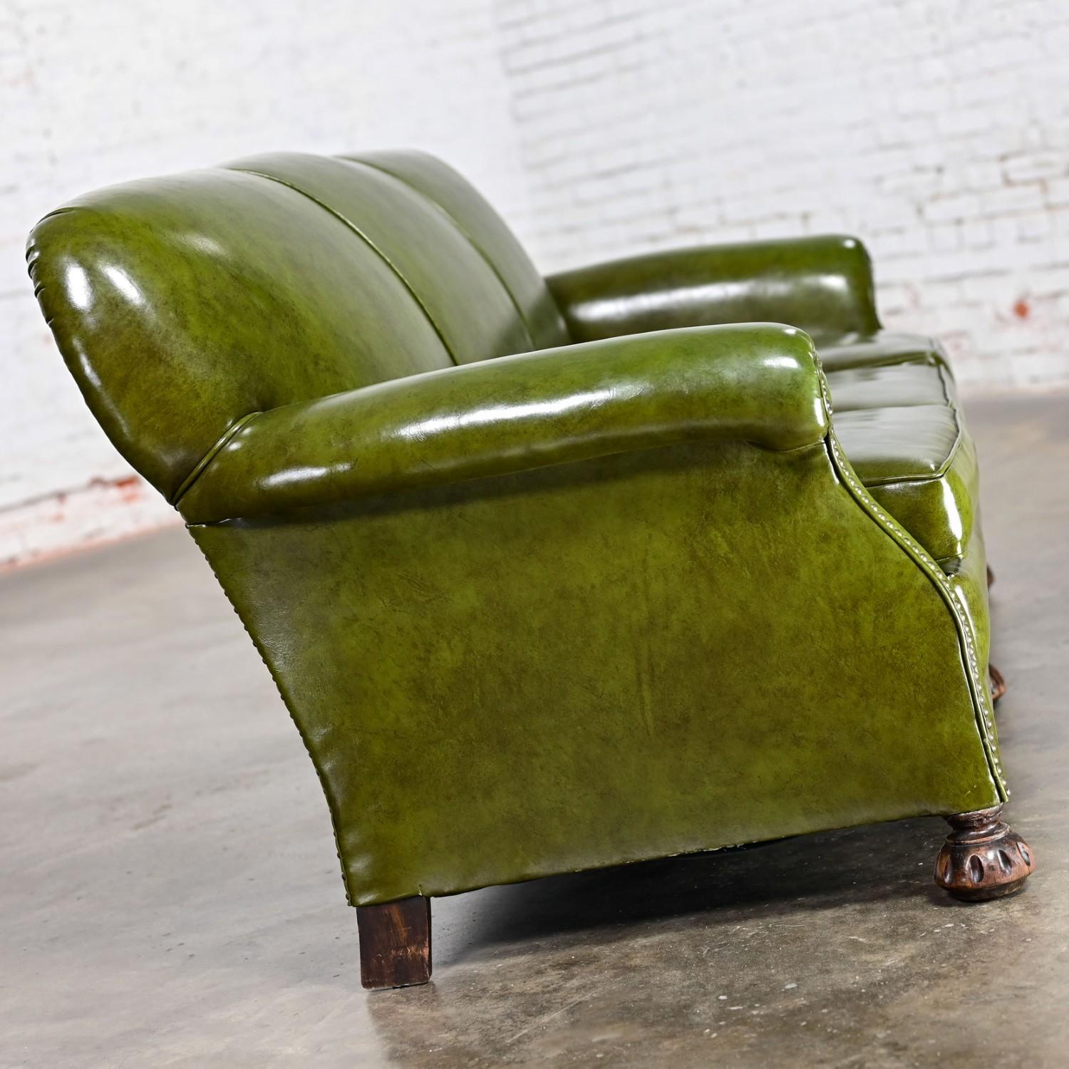 1940-1950’s Traditional Green Naugahyde Faux Leather Lawson Club Style Sofa For Sale 7