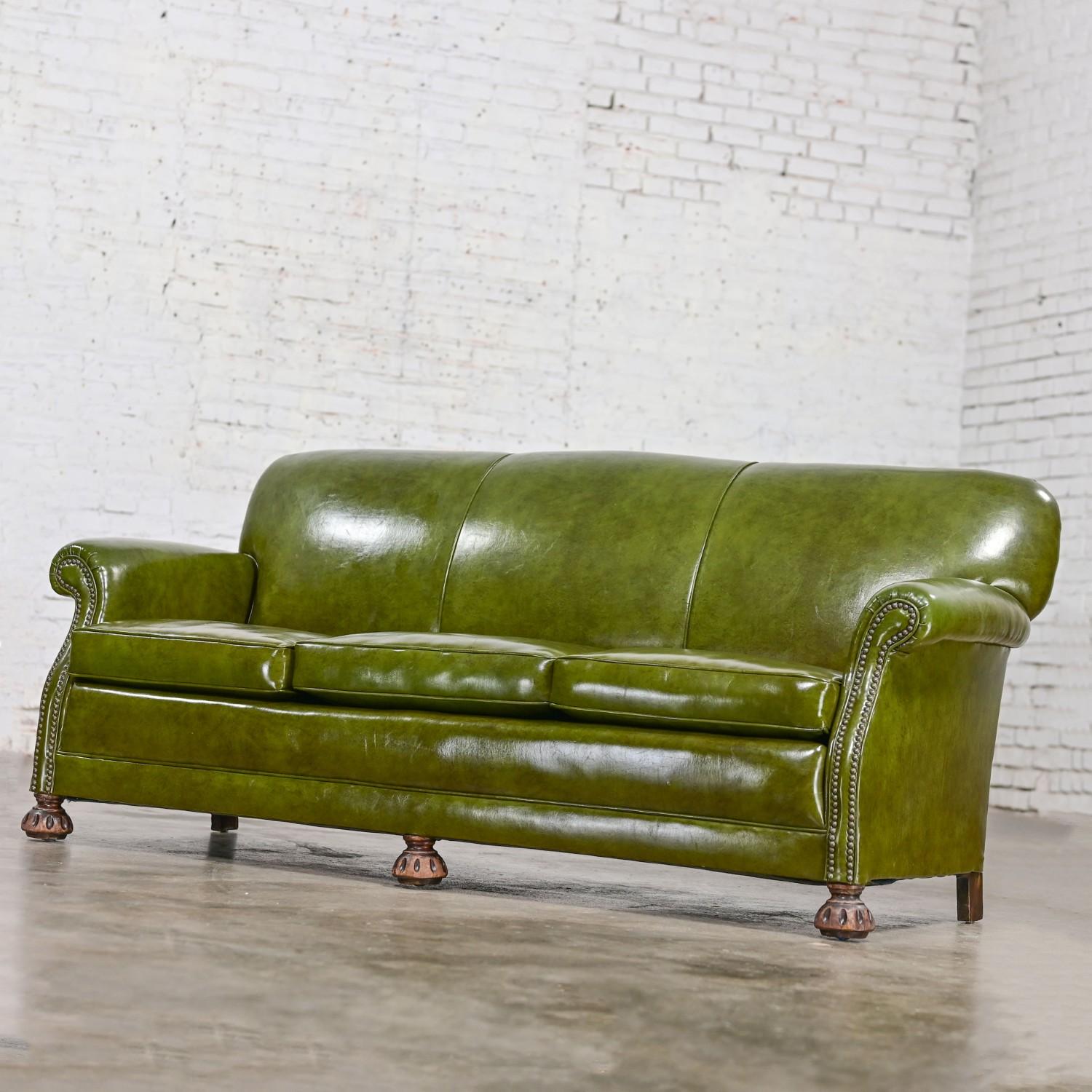 1940-1950’s Traditional Green Naugahyde Faux Leather Lawson Club Style Sofa For Sale 9
